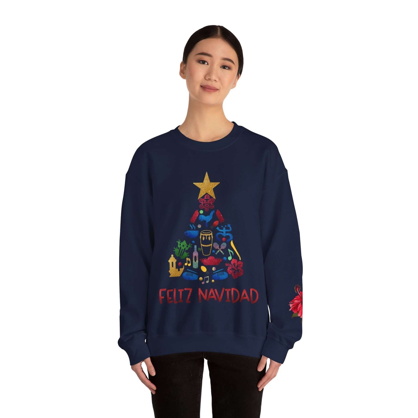 Feliz Navidad Puerto Rico Festive Print on left Long Sleeve Christmas T-Shirt with Unique Colorful Tree Design