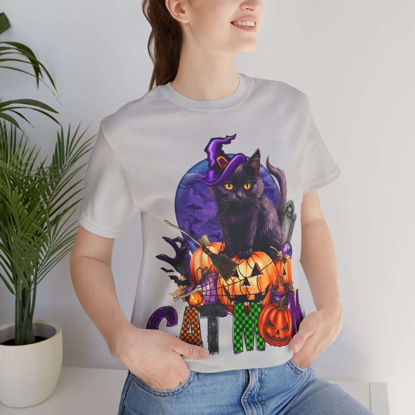 Cat Mom Women's T-shirt - Adorable Baby Black Cat, Pumpkins and Purple Moon, - Unique Halloween Outfits, Festive Parties, and Feline Fun.