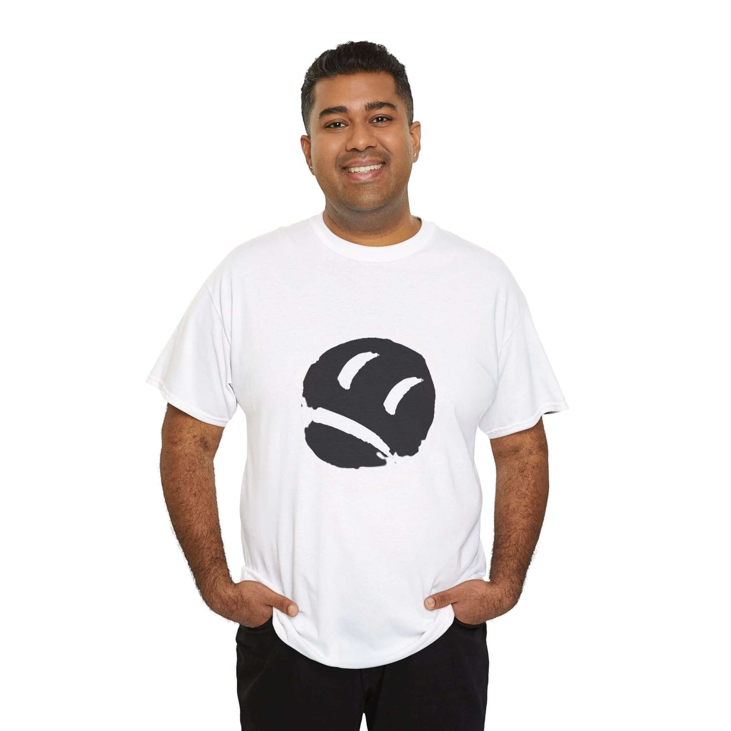 Man wearing unisex heavy cotton tee with black smiley face design, showcasing casual wear for everyday vibes.