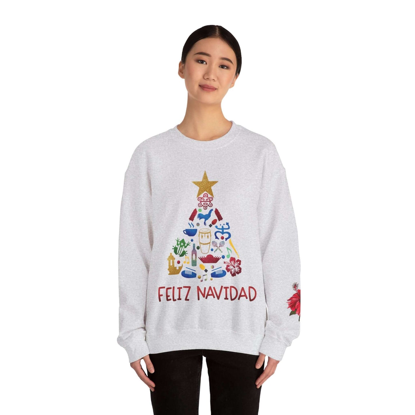 Feliz Navidad Puerto Rico Festive Print on left Long Sleeve Christmas T-Shirt with Unique Colorful Tree Design