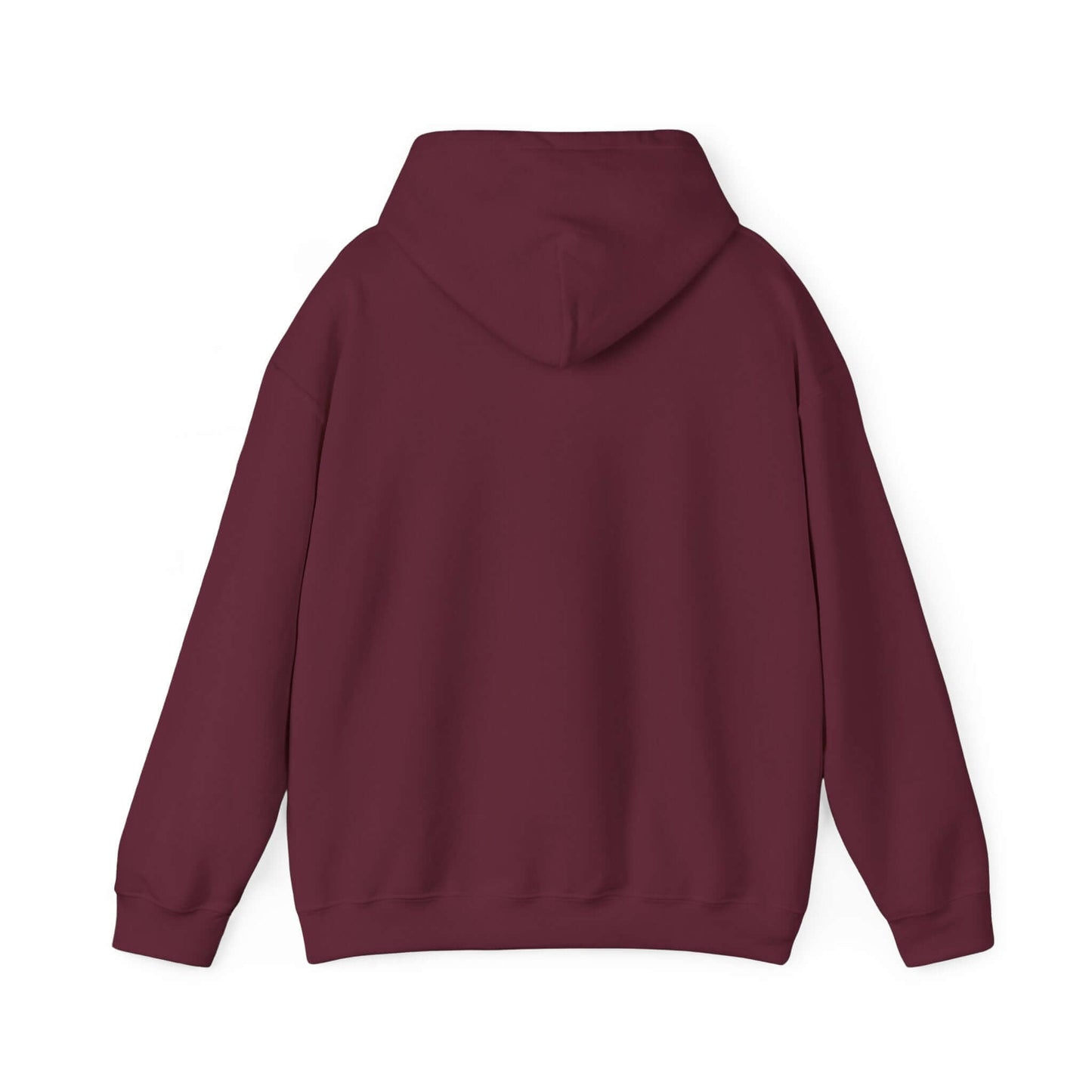 Back view of maroon hooded sweatshirt with adjustable hood and spacious design, ideal for casual wear and car enthusiasts.