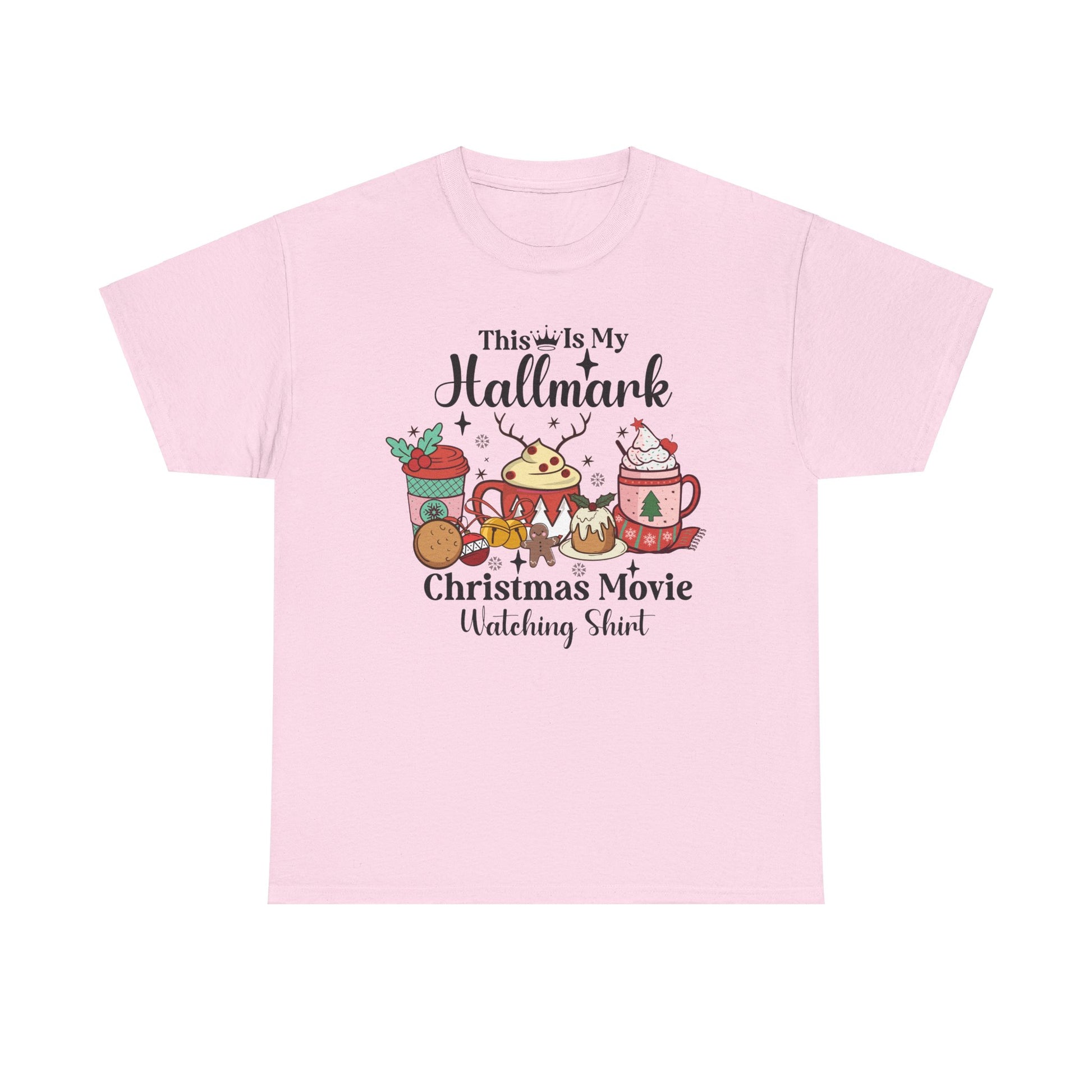 Pink t-shirt featuring "This is My Hallmark Christmas Movie Watching Shirt" with festive mugs and treats design.