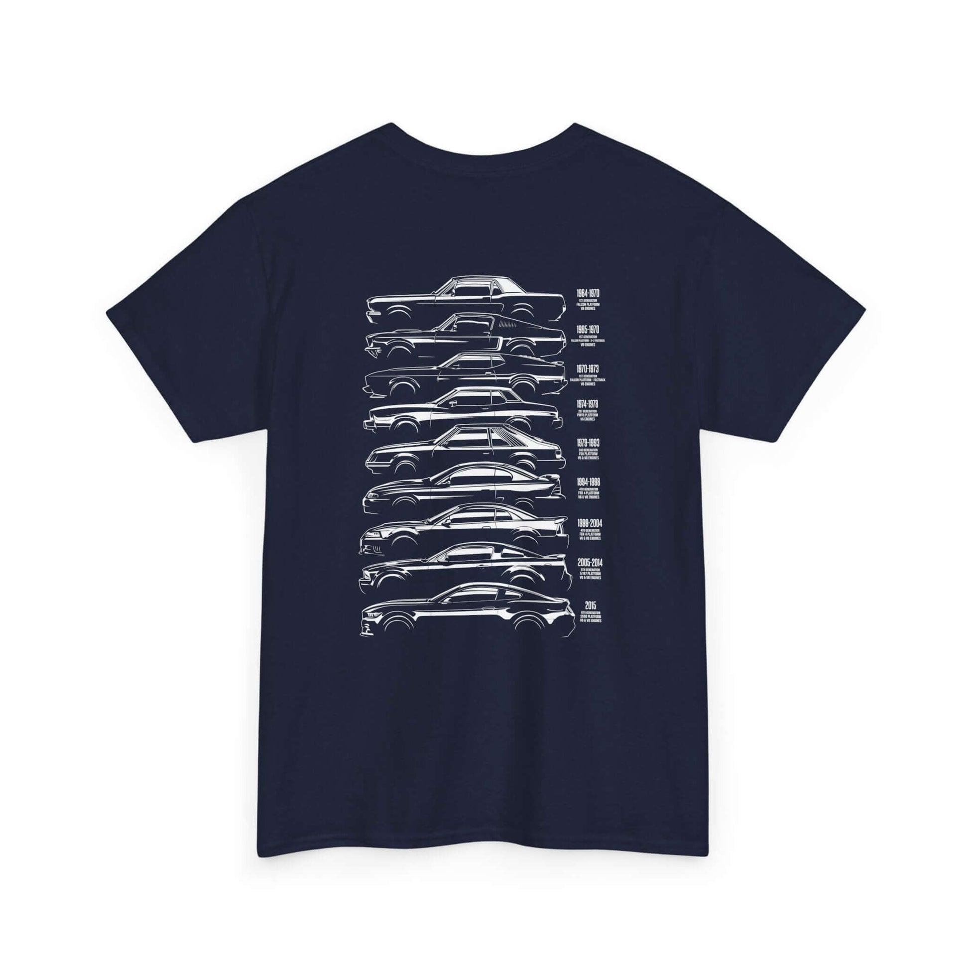 Ford Mustang Evolution Tee showcasing rear print with year-by-year specs from 1964 to 2015 on black shirt, perfect for car enthusiasts.