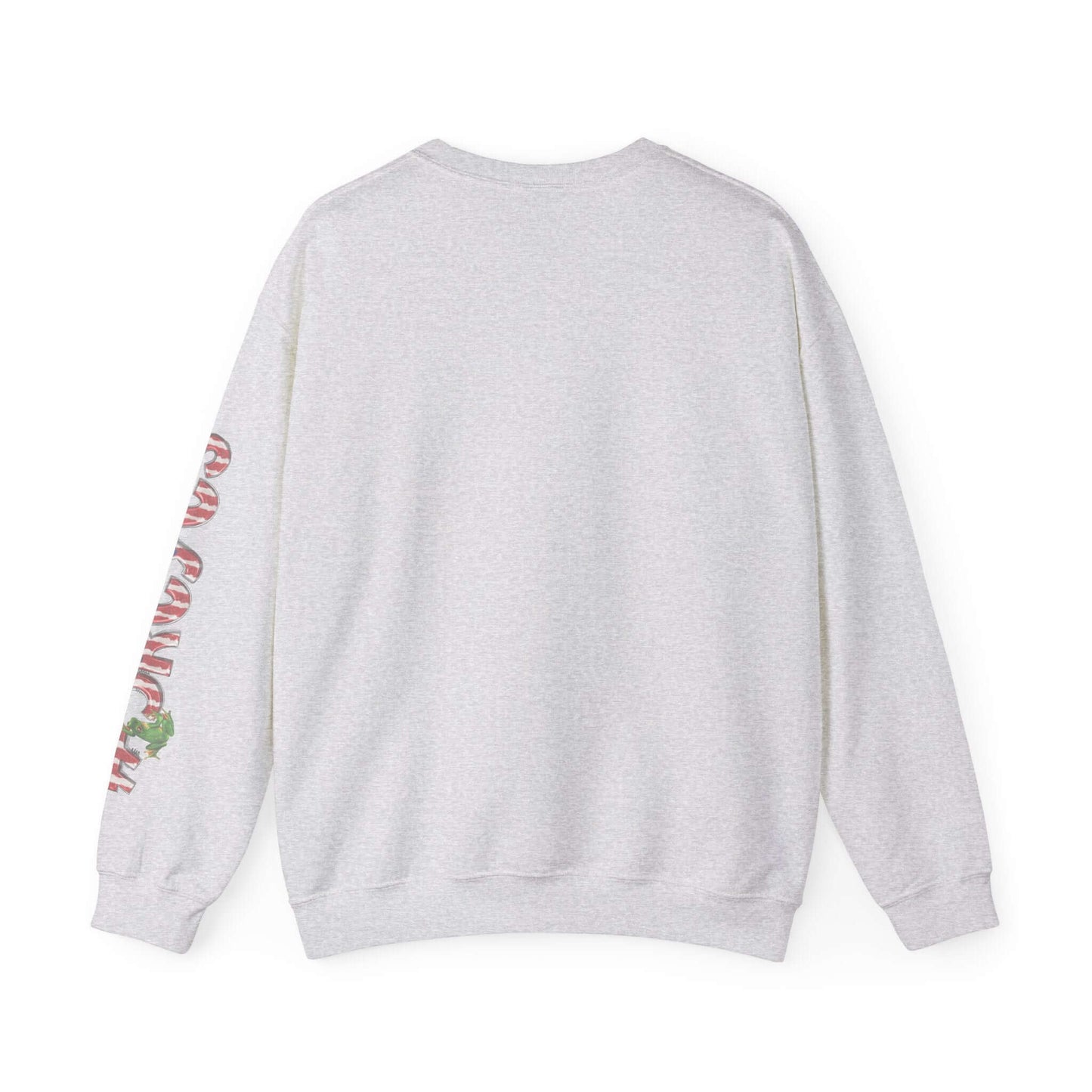 Gray sweater with festive print on left sleeve, featuring Christmas design elements for a holiday-themed look.