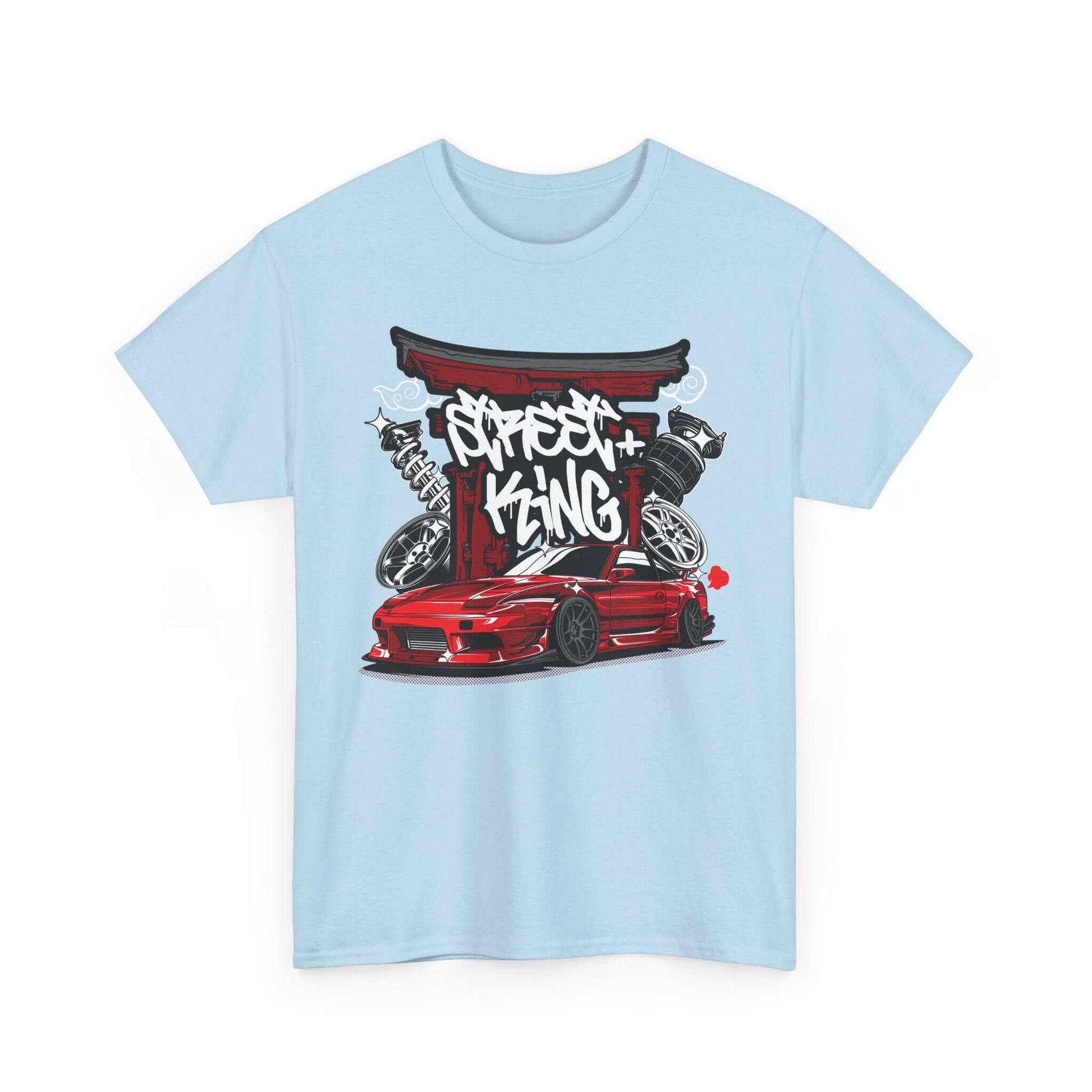 Urban racing art T-shirt featuring a stylized red sports car at a Japanese Torii gate with graffiti, perfect for car enthusiasts.