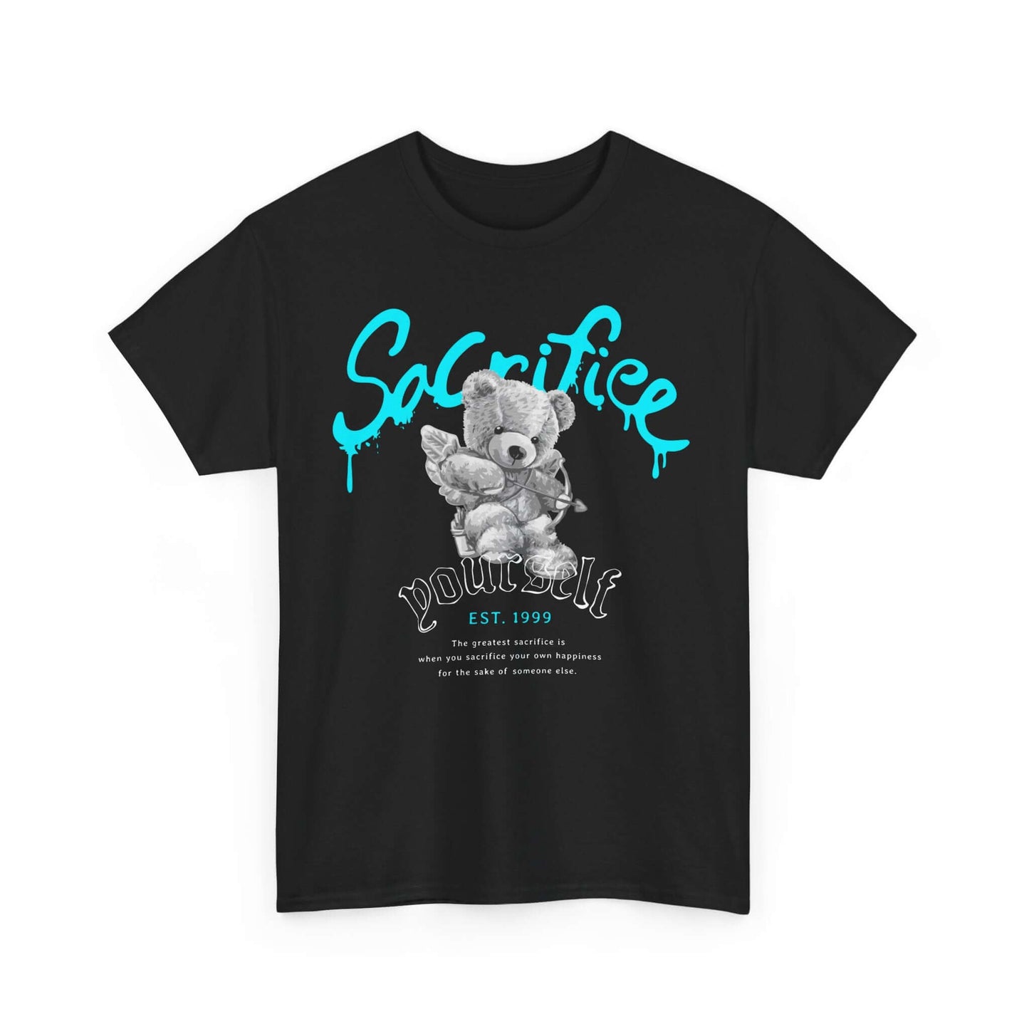 Whimsical black bear graphic tee with playful saying "Sacrifice Yourself," perfect for casual streetwear lovers.