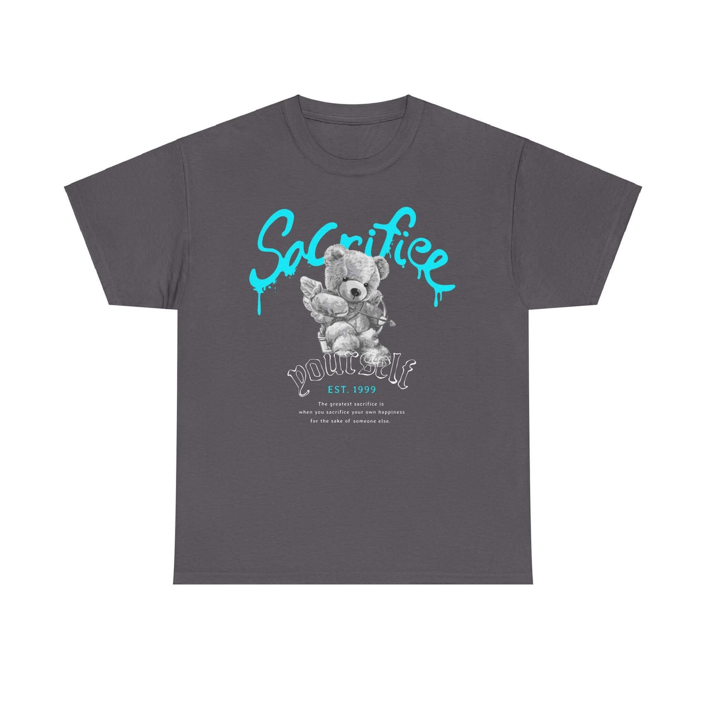 Whimsical bear graphic tee featuring expressive sayings, in dark gray with turquoise accents for playful urban style.