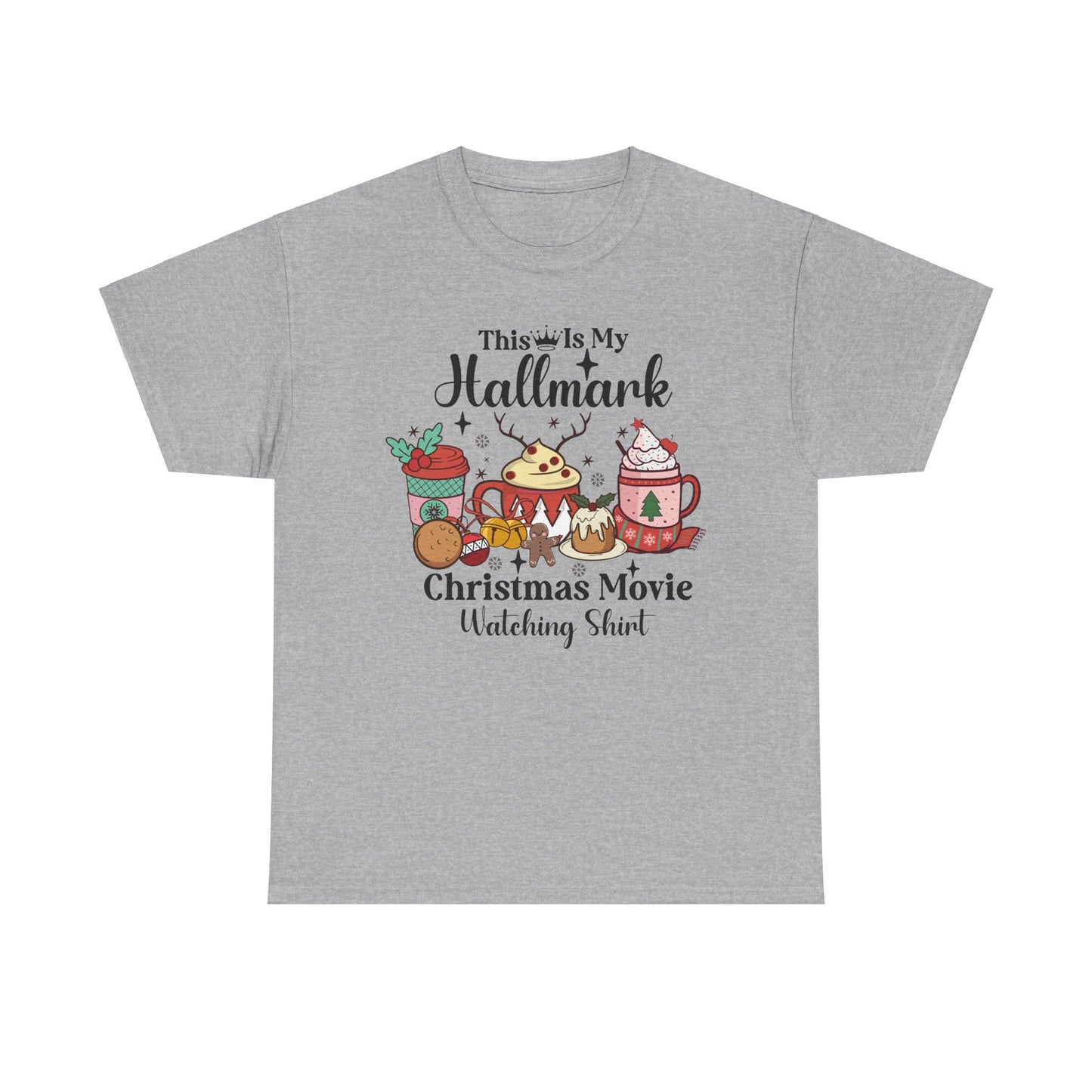 Cozy gray t-shirt featuring festive mugs and cookies for Hallmark Christmas movie watching. Perfect for holiday cheer!