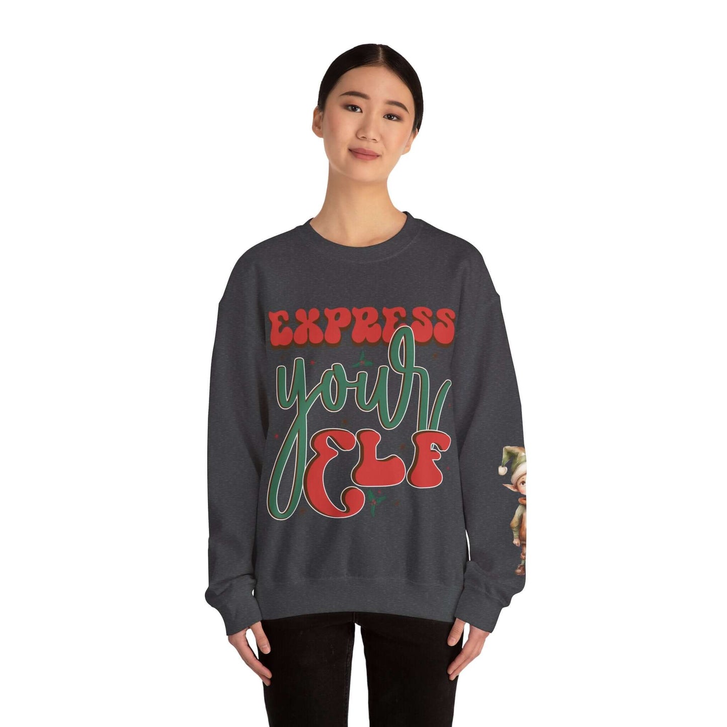 Express Yourself Festive Sweatshirt - Colorful Holiday Elf Design, Individuality and Style