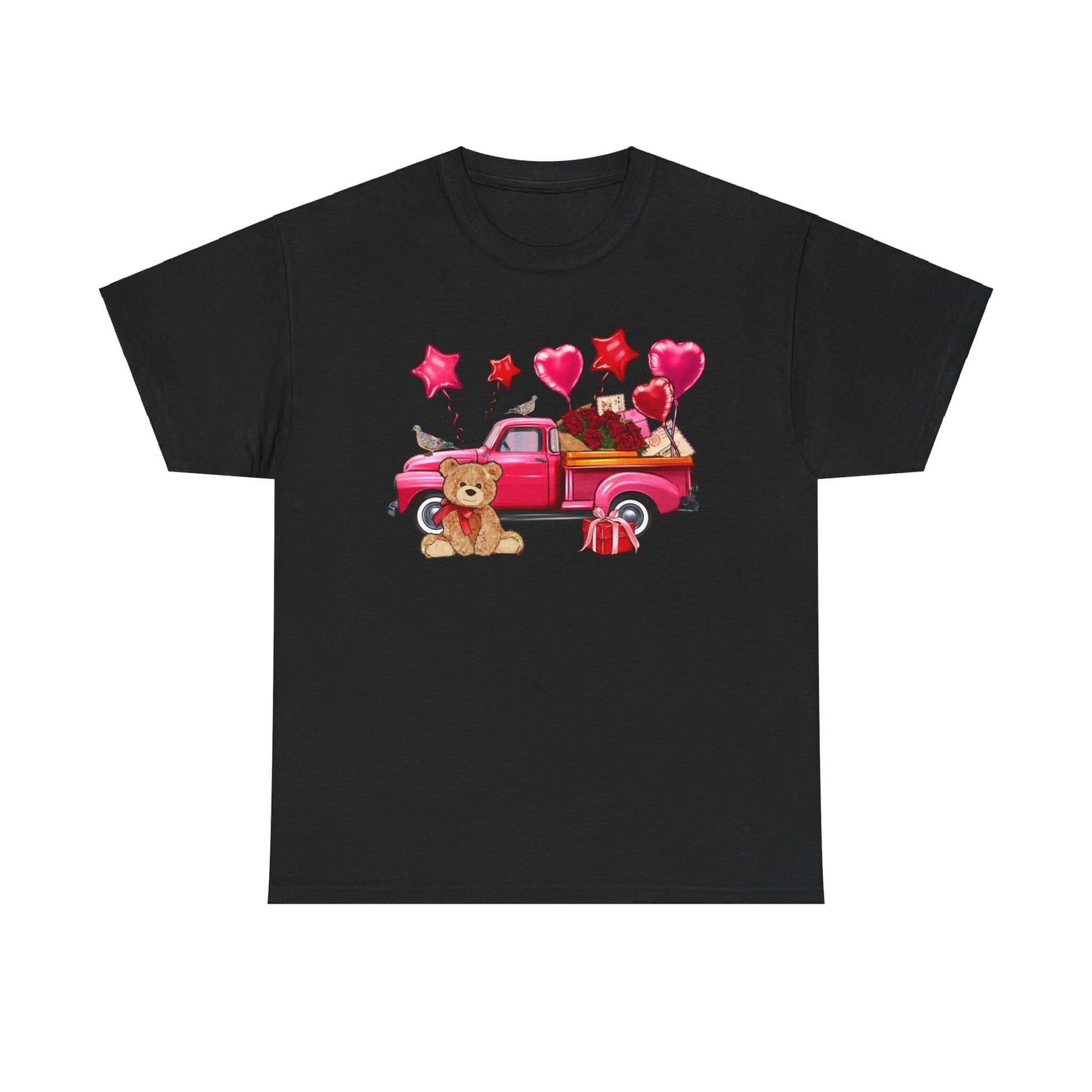 Unisex Valentine's Day T-shirt with vintage truck, roses, and teddy bear design, perfect love gift.