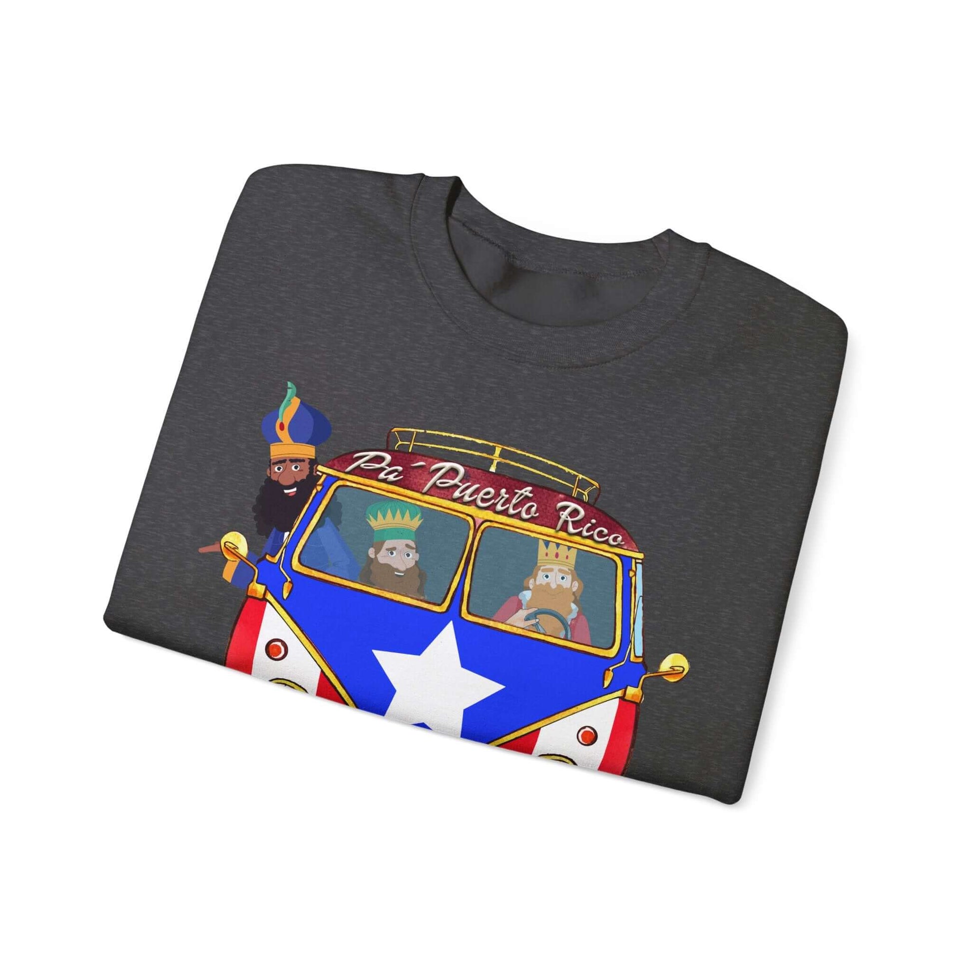 Black Christmas sweater with Three Kings in a VW bus, Puerto Rico flag, "Pa Puerto Rico" text, festive print on left sleeve.