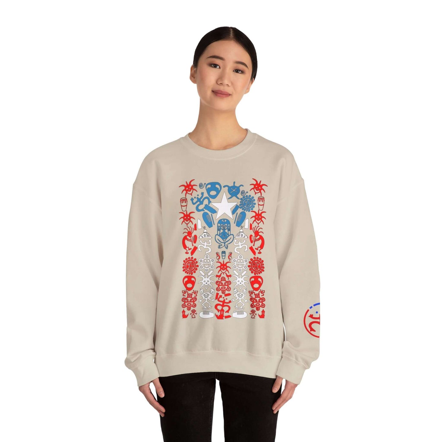 Indigenous Taino Symbol Sweatshirt, Cultural Heritage Shirt with Vibrant Tribal Artwear