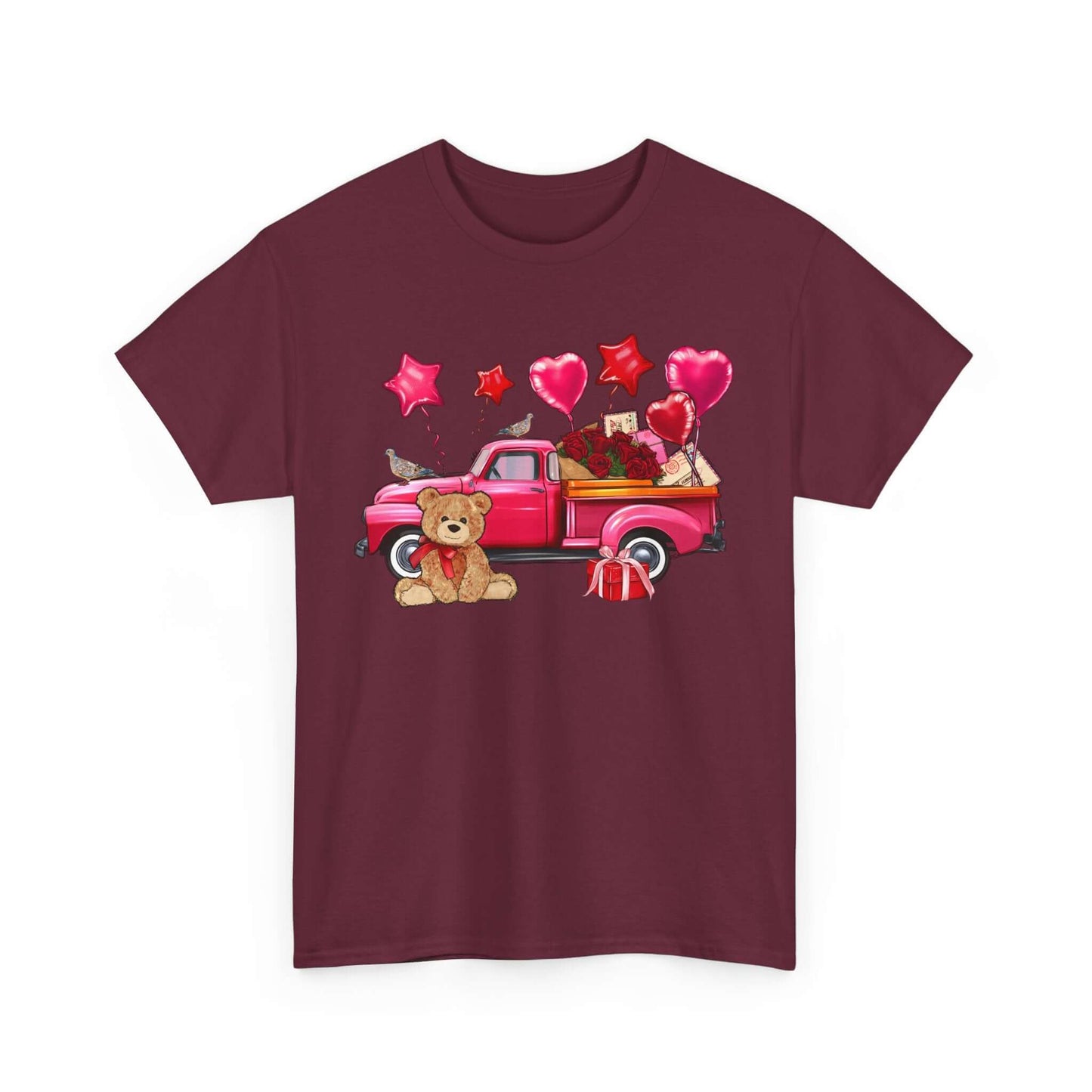 Valentine's Day unisex cotton t-shirt with vintage truck, roses, teddy bear design; perfect romantic gift for nostalgic style lovers.