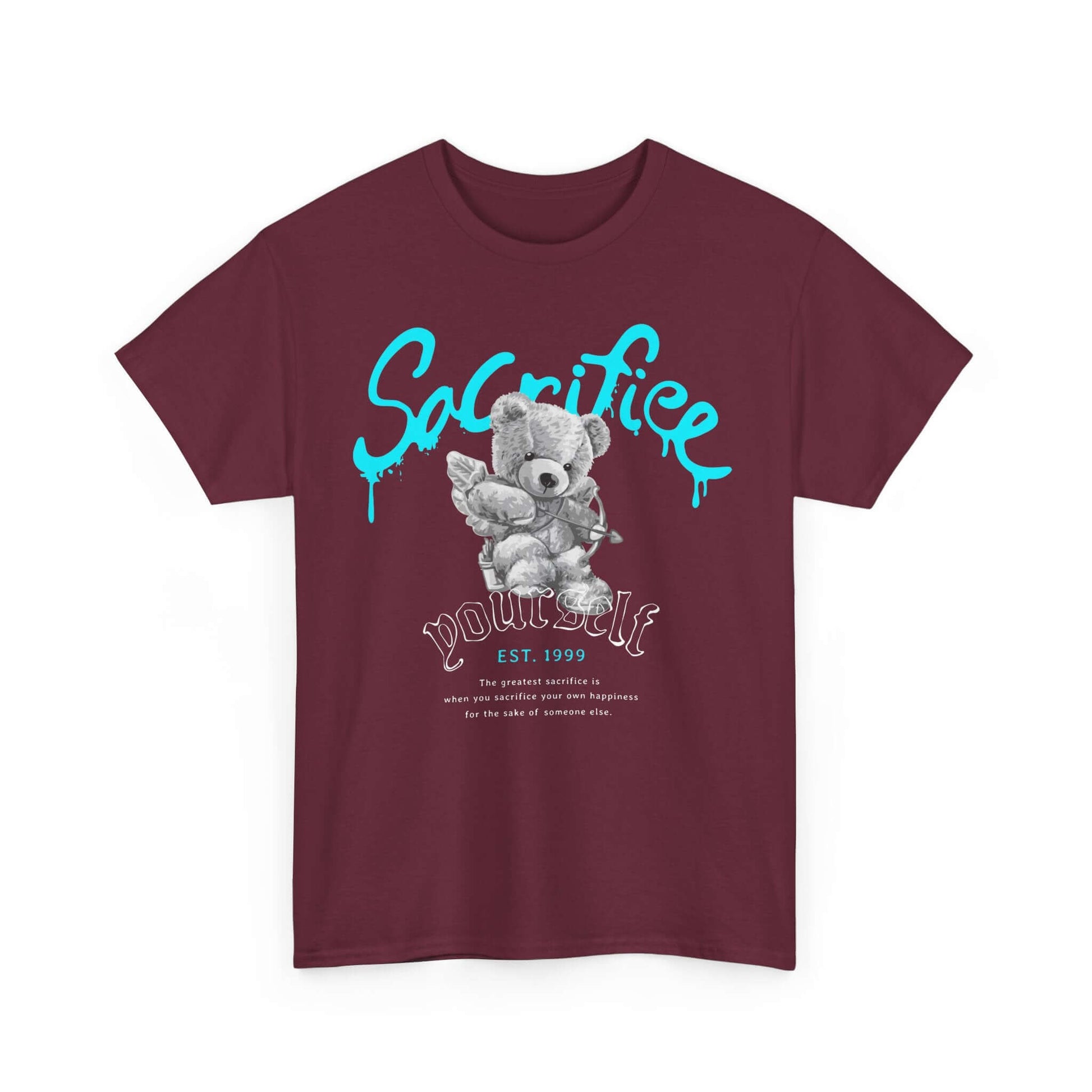 Whimsical bear graphic tee in burgundy with expressive slogan 'Sacrifice Yourself', perfect for playful street style lovers.