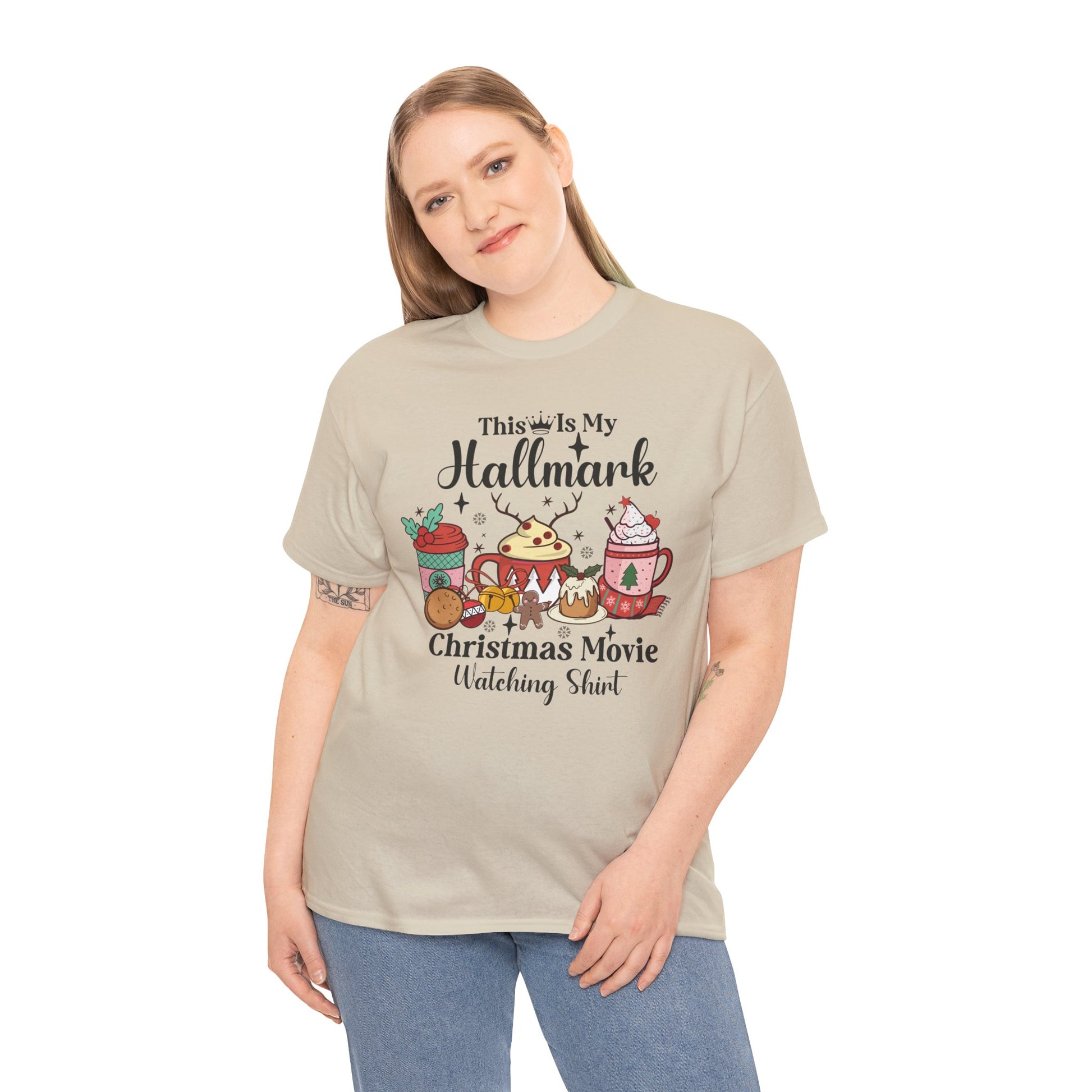 Woman wearing a festive Hallmark-themed Christmas movie watching shirt, perfect for cozy holiday gatherings.