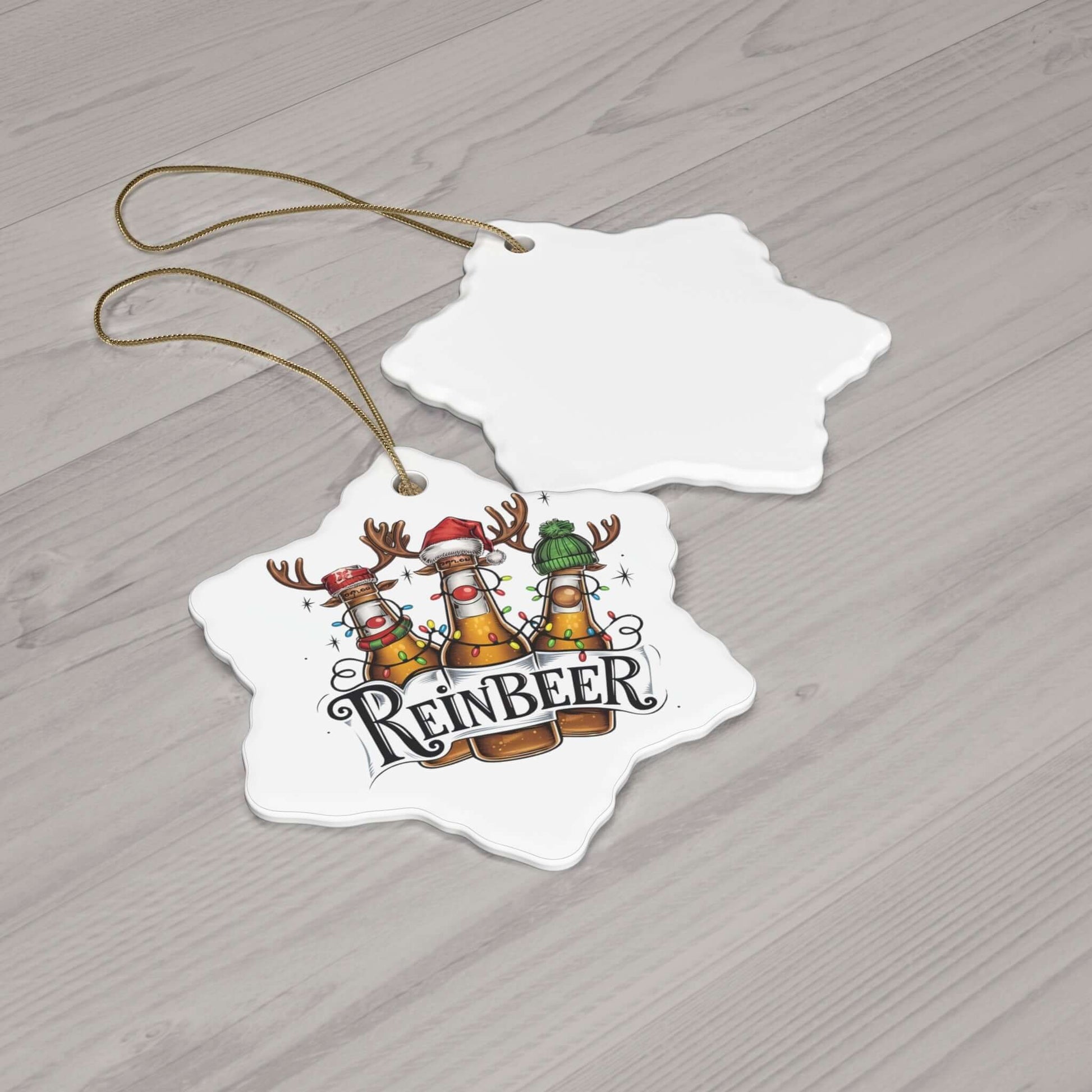 Ceramic Reinbeer ornament featuring humorous design with festive bottles and reindeer antlers, perfect for Christmas decor.