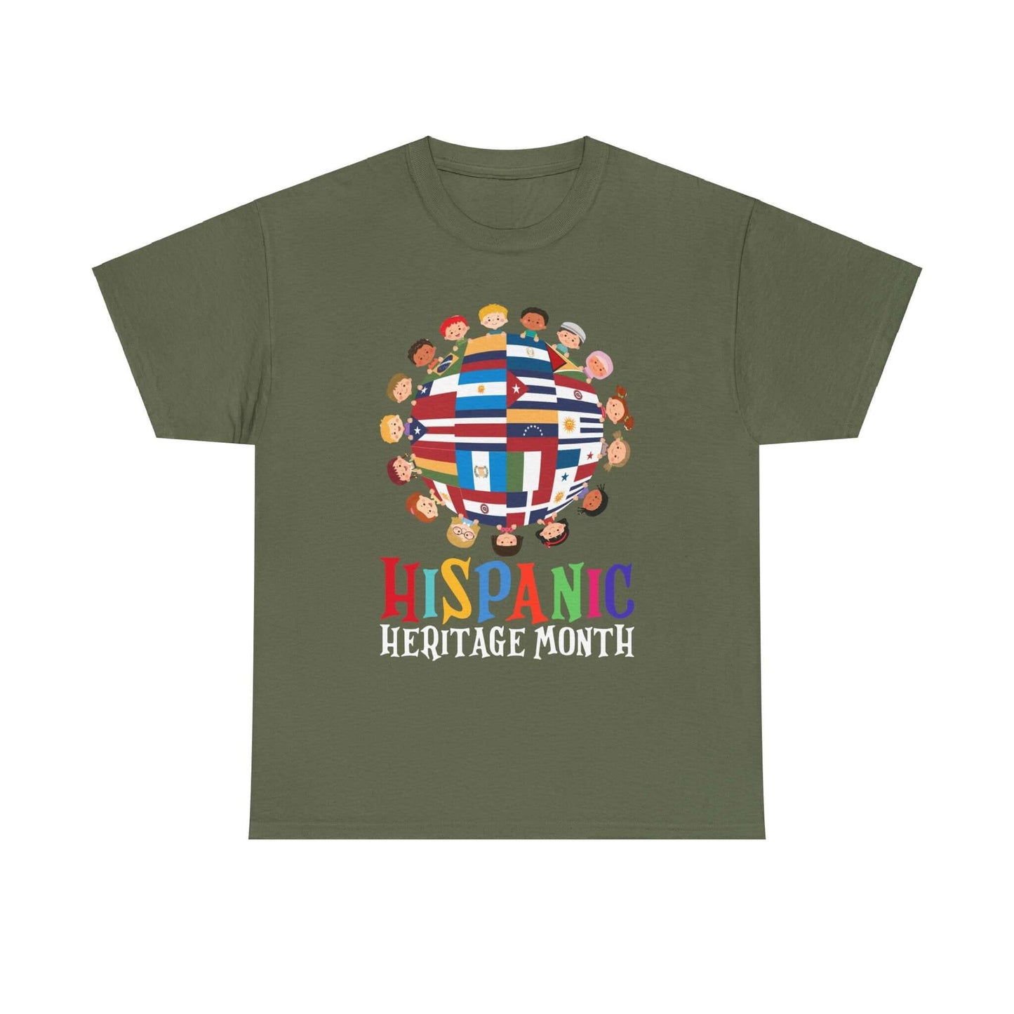 Kids' T-shirt celebrating Hispanic Heritage Month with colorful flags and diverse faces in a globe design.