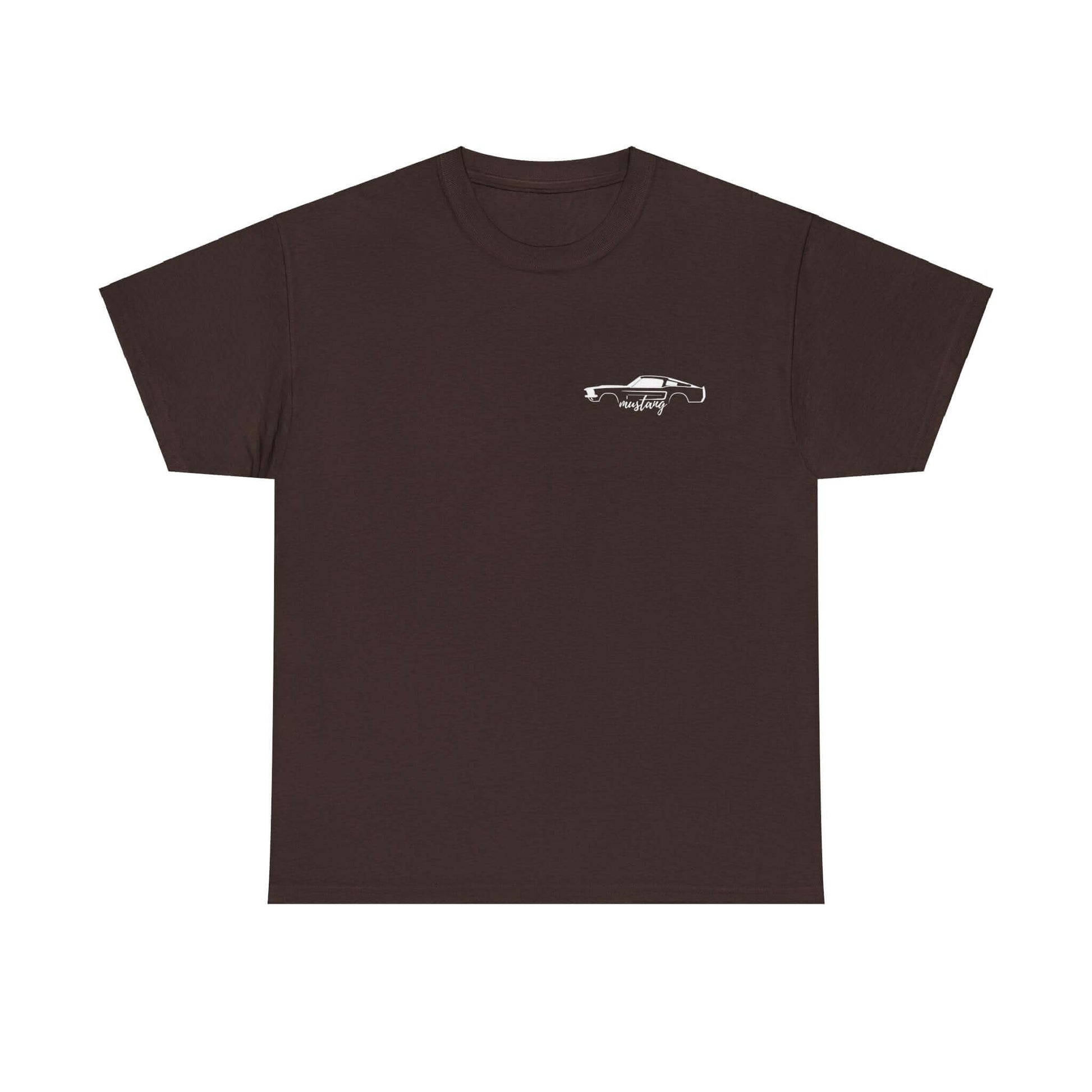 Black Ford Mustang Evolution Tee with 1967 Mustang front upper chest print design, showcasing classic car specs.