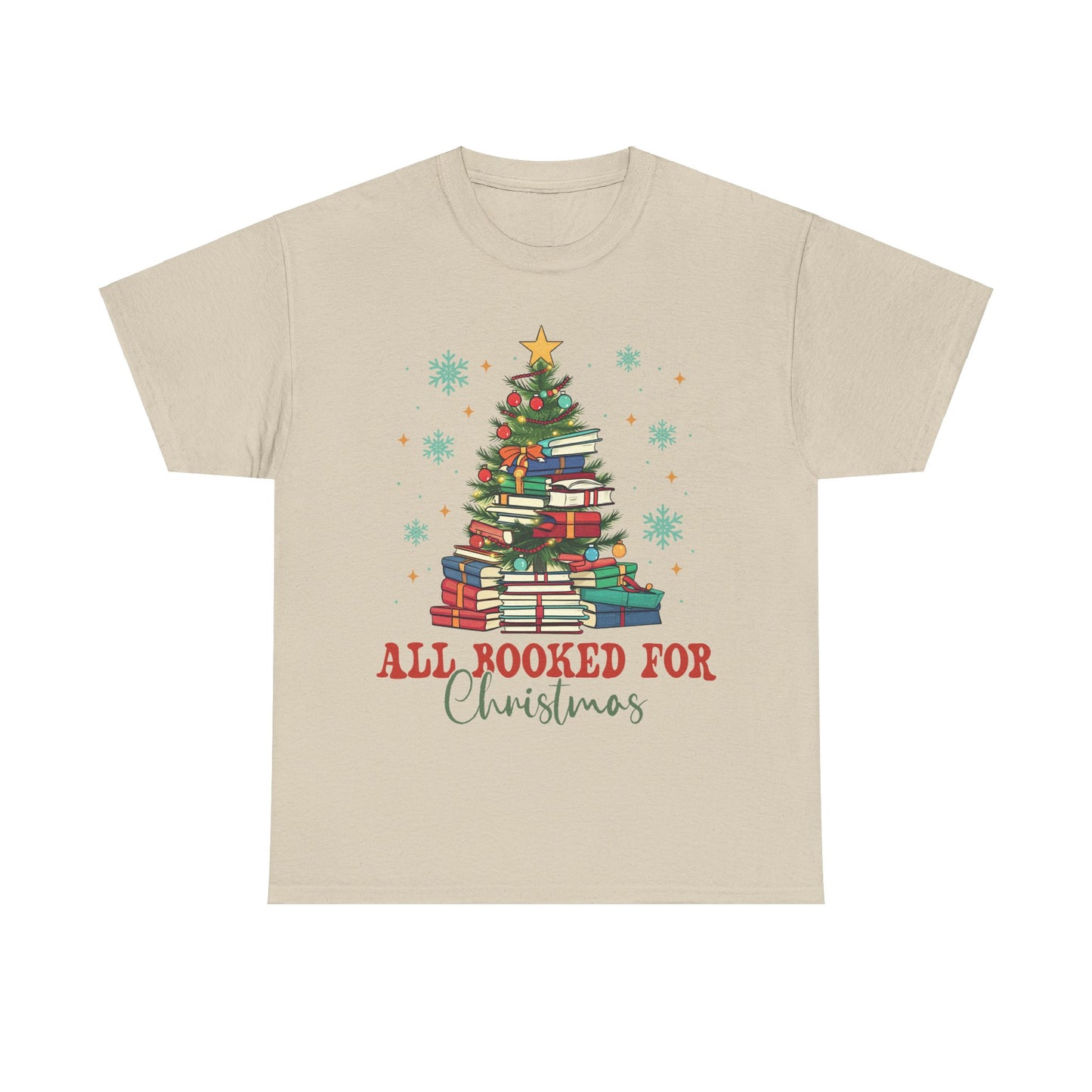 Cozy Christmas Book Lover tee featuring a festive book stack Christmas tree design, perfect for holiday celebrations.