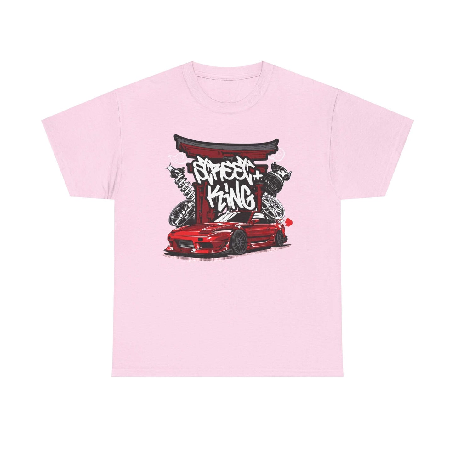 Stylized red sports car graphic on pink T-shirt featuring Japanese Torii gate and graffiti, perfect for car enthusiasts.