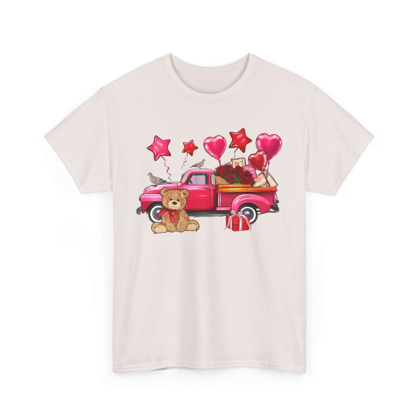 Valentine's Day unisex T-shirt featuring vintage truck with roses and teddy bear design, perfect love gift for nostalgic fashion lovers.