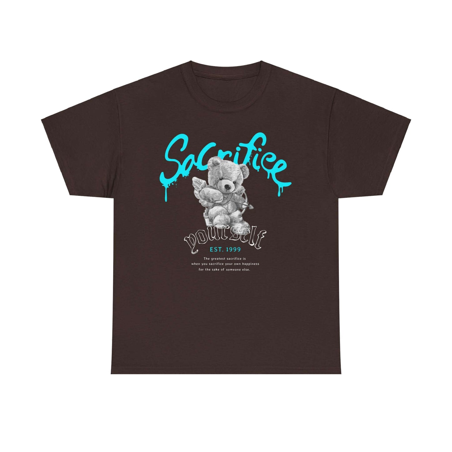 Whimsical black tee with bear graphic and "Sacrifice Yourself" slogan, perfect for trendy urban streetwear lovers.