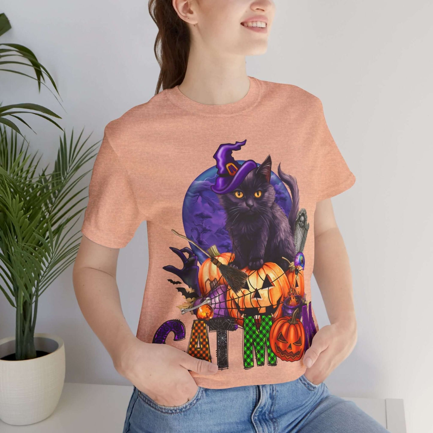 Cat Mom Women's T-shirt - Adorable Baby Black Cat, Pumpkins and Purple Moon, - Unique Halloween Outfits, Festive Parties, and Feline Fun.