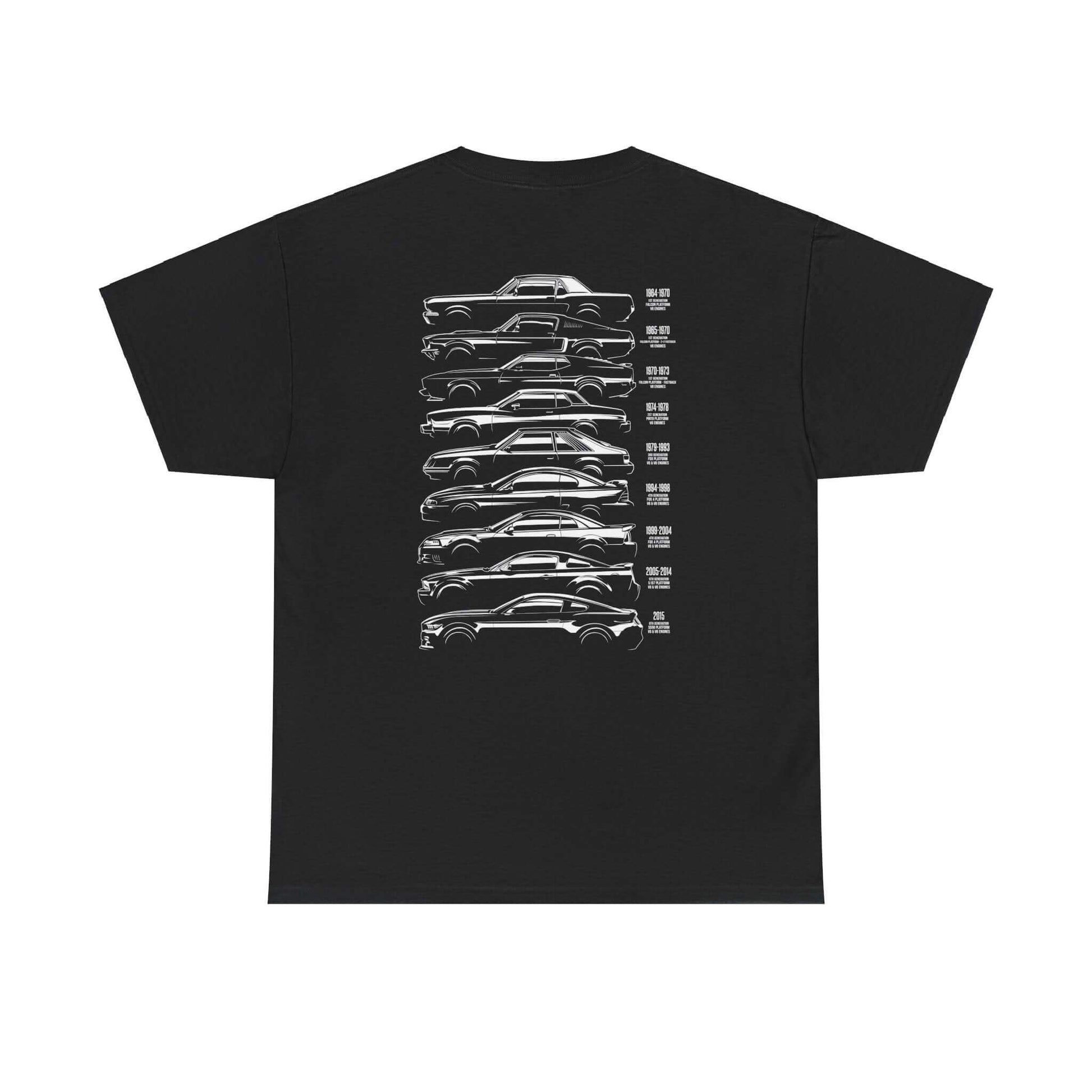 Ford Mustang Evolution Tee showcasing year-by-year specs from 1964 to 2015 on the back, black shirt with car designs.