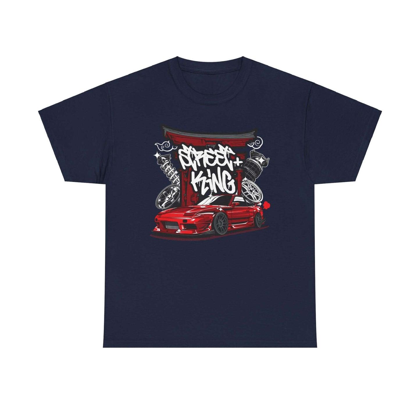 Urban Racing Art T-Shirt featuring stylized red sports car and street king graffiti design on a navy background.