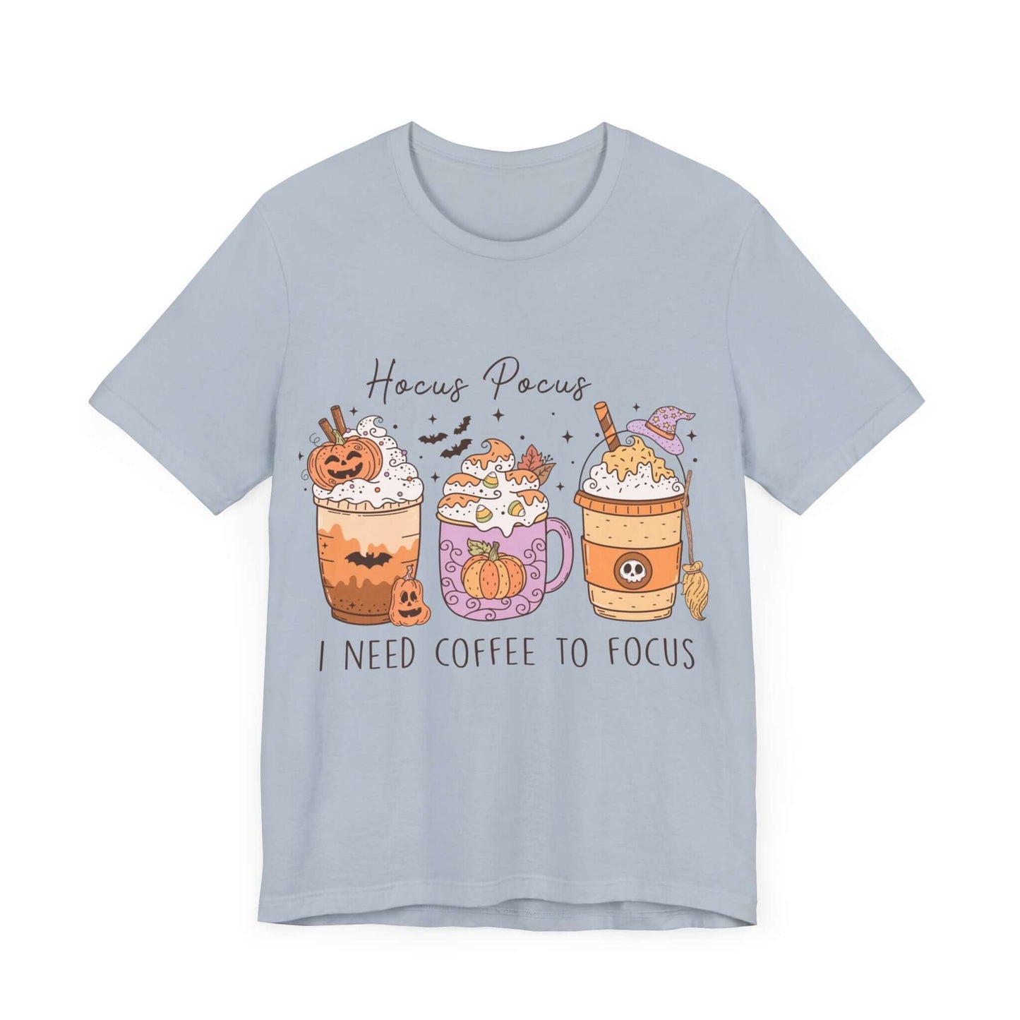 Halloween Coffee Lover's T-shirt, Hocus Pocus I Need Coffee to Focus, Women's Spooky Shirt for Brew-Witching Mornings and Halloween Parties.