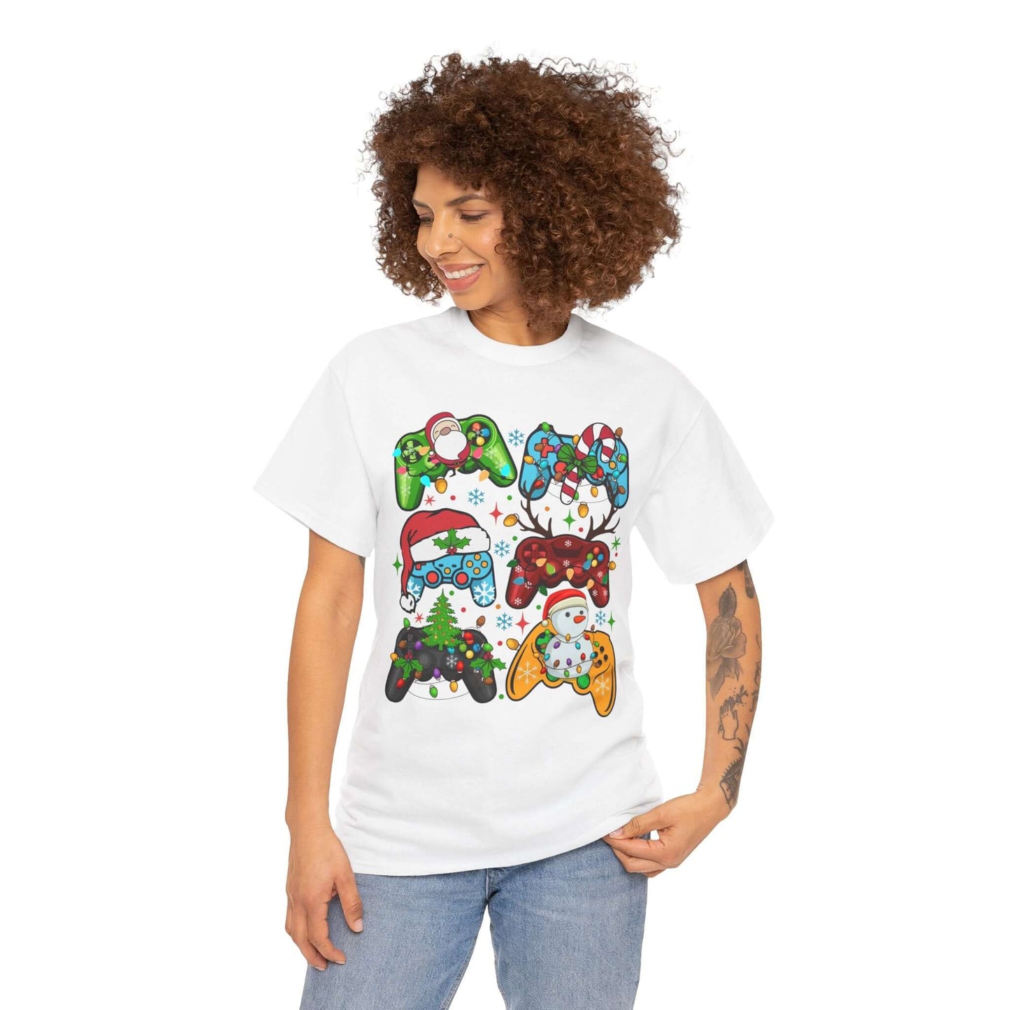 Christmas Gaming Controller Santa Claus Tee featuring colorful controllers and a festive design, perfect for holiday fun.