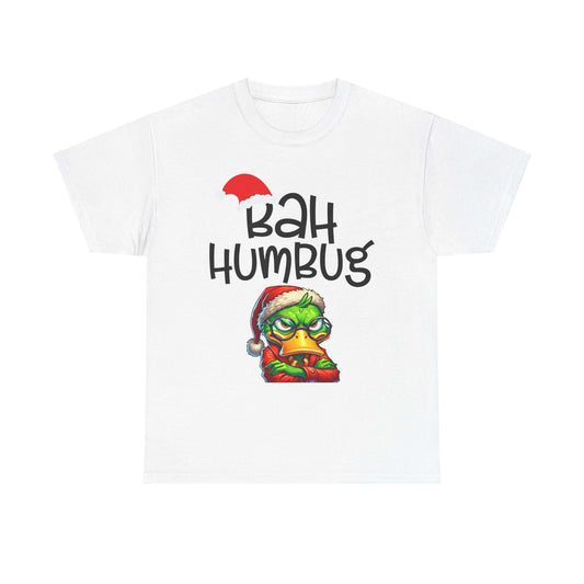 Unisex white tee featuring "Bah Humbug" design and a humorous Christmas character, perfect for holiday festivities.