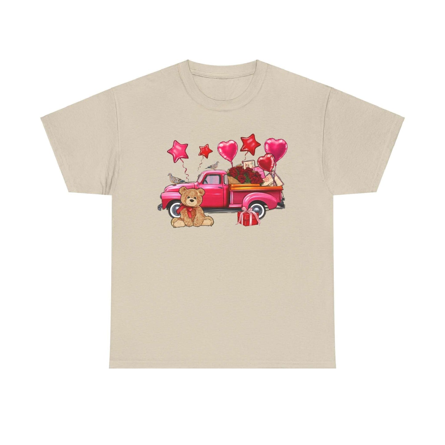 Valentine's Day unisex tee with vintage truck, roses, and teddy bear design, perfect romantic gift idea, classic fit cotton t-shirt.