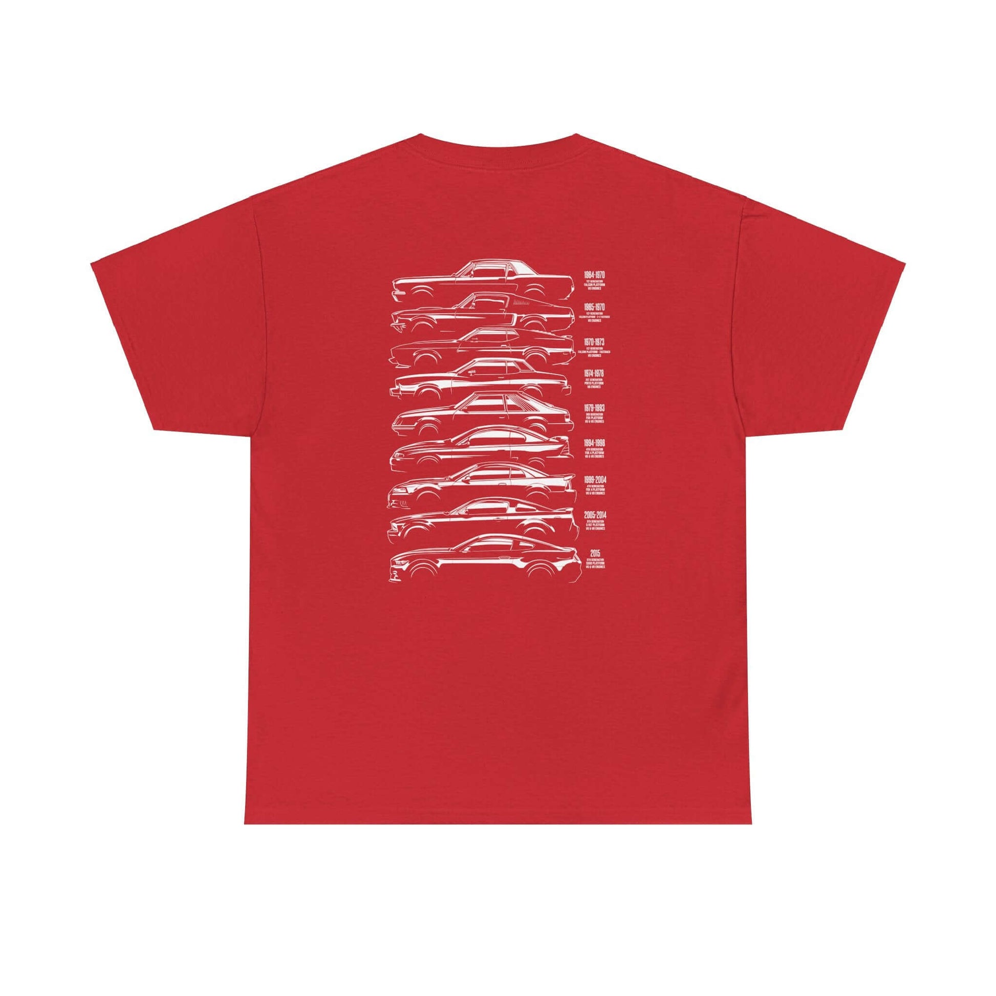 Red Ford Mustang Evolution Tee showcasing year-by-year specs and designs from 1964 to 2015 on the back