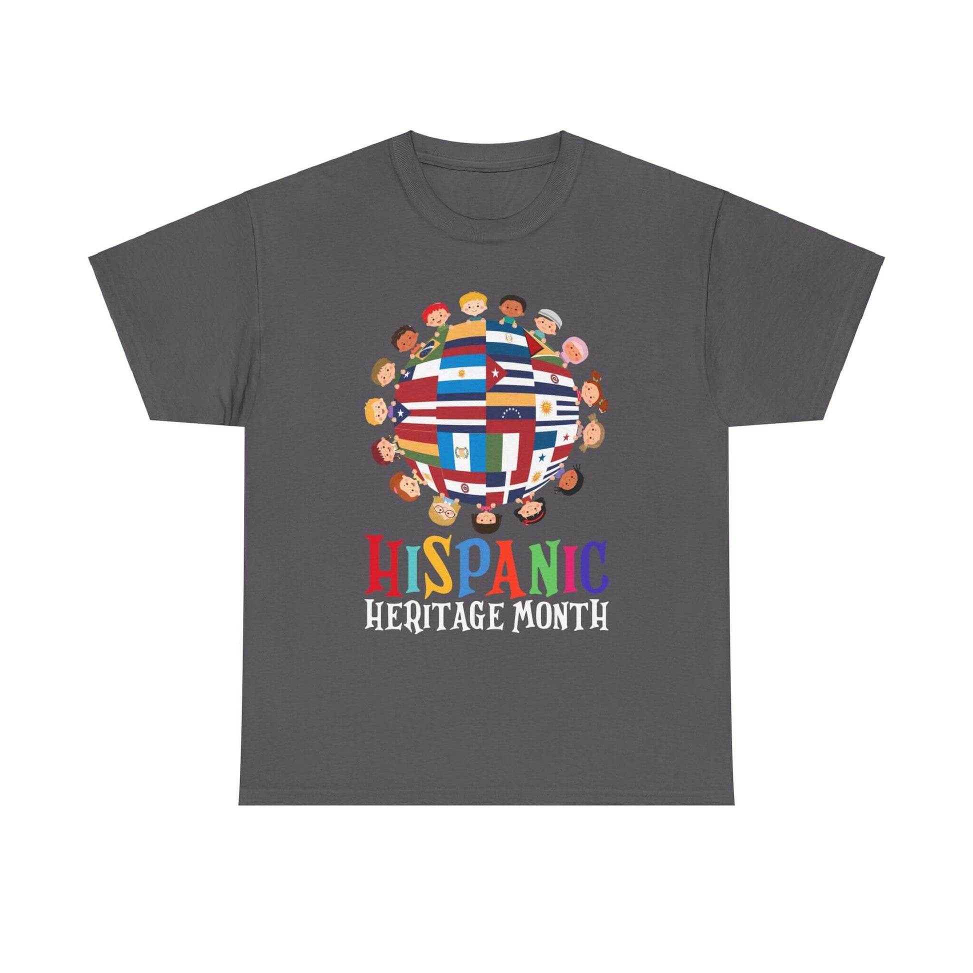 Kids' T-shirt celebrating Hispanic Heritage Month with globe design of flags and diverse faces, perfect for cultural education.