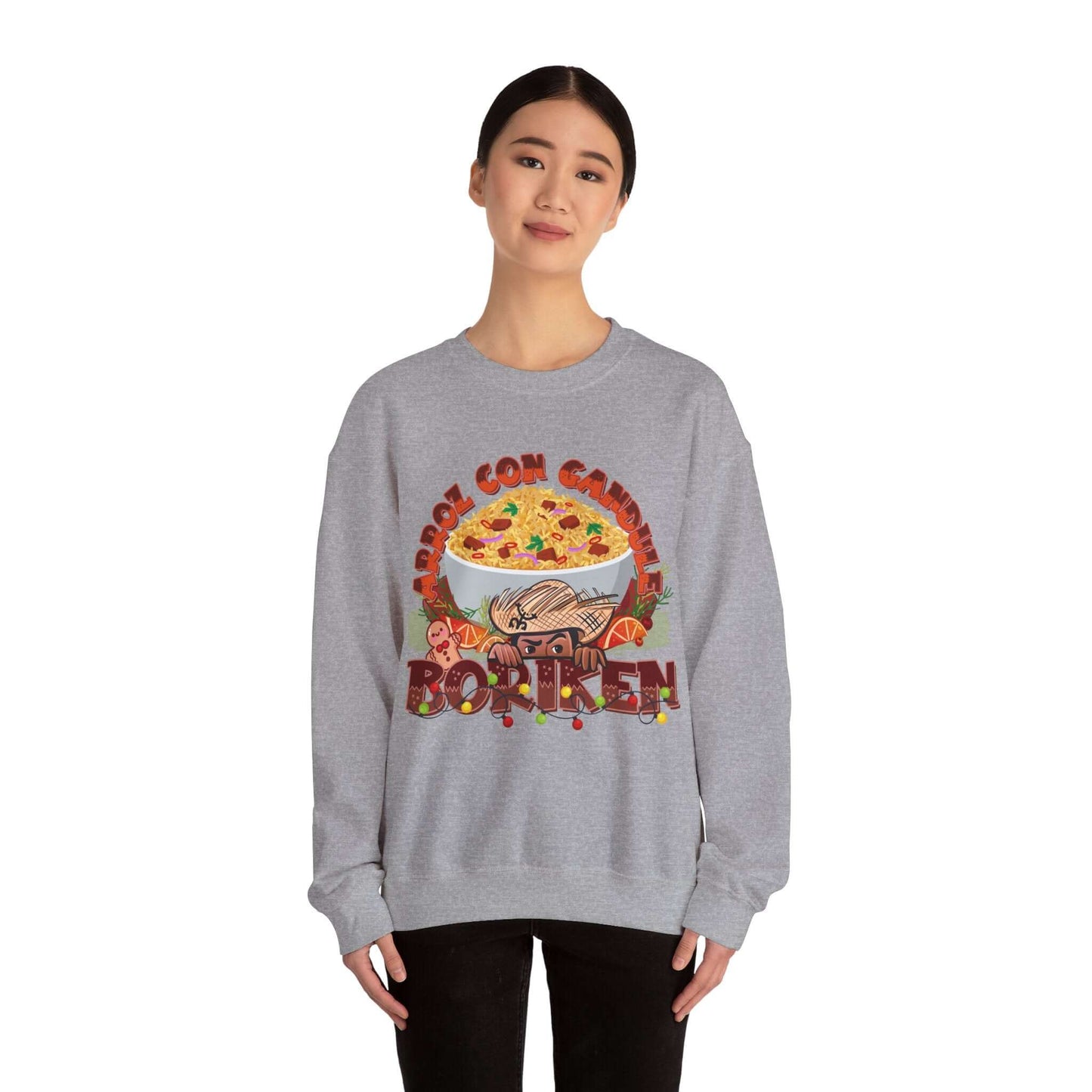 Woman wearing a festive Arroz Con Gandules Christmas sweater with colorful holiday design and bold text "BORIKÉN".