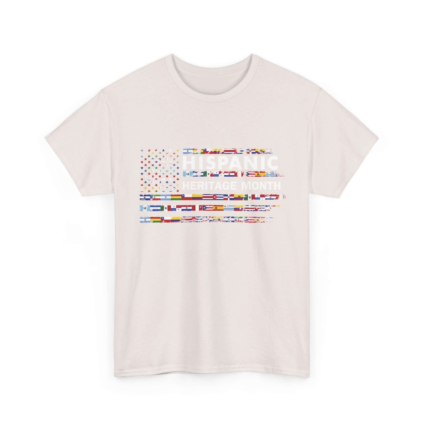 T-shirt featuring a mosaic of Hispanic flags with "Hispanic Heritage Month" text, perfect for celebrating cultural pride.