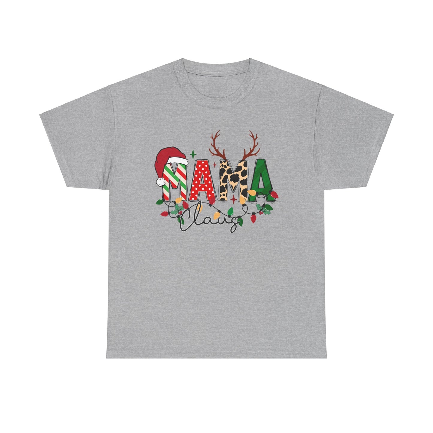 MAMA Claus Christmas T-shirt featuring festive Santa hat and reindeer antlers design on a gray unisex tee.