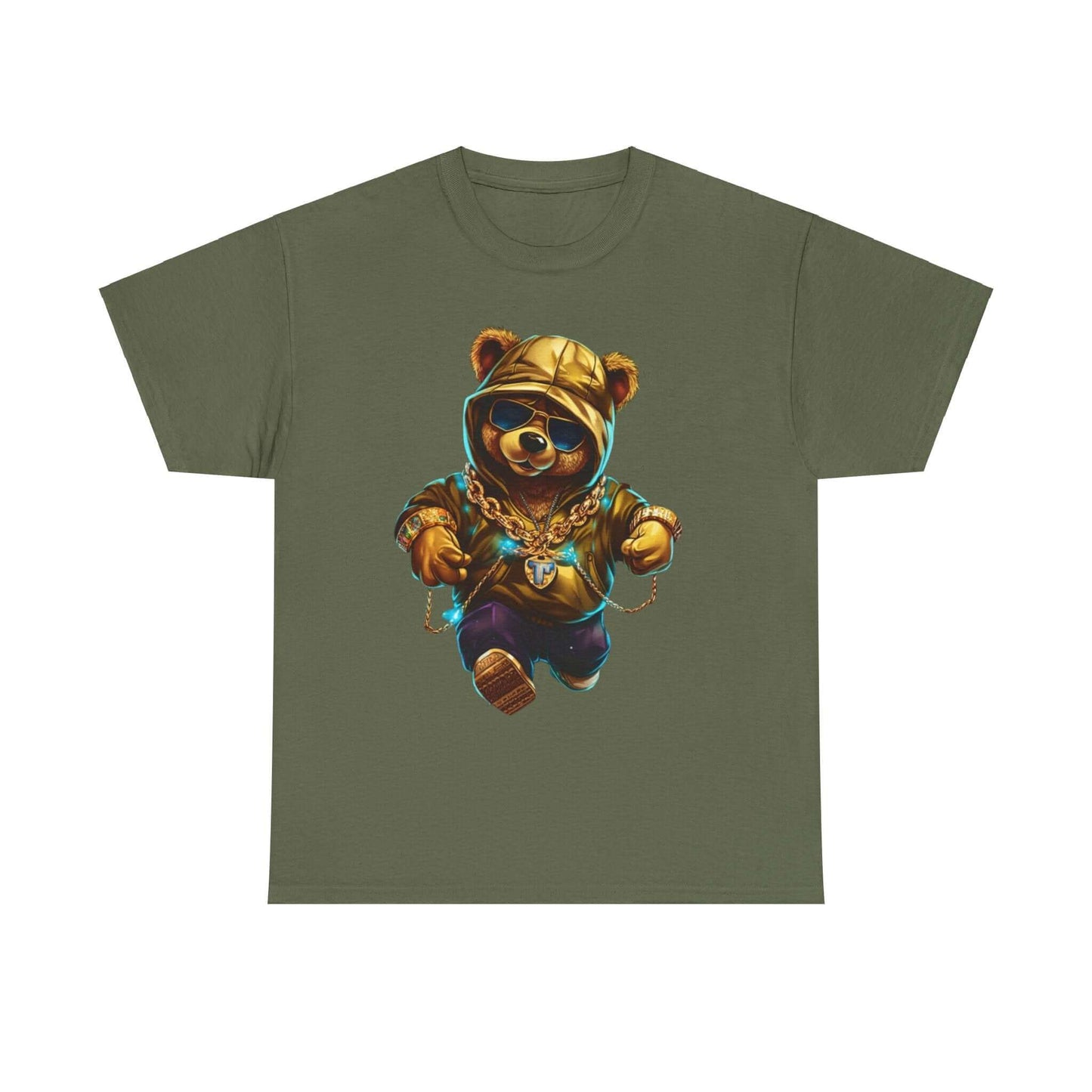 Bling Hip Bear Tee in olive green featuring a stylish bear character in a hoodie and gold chain, perfect for casual wear.