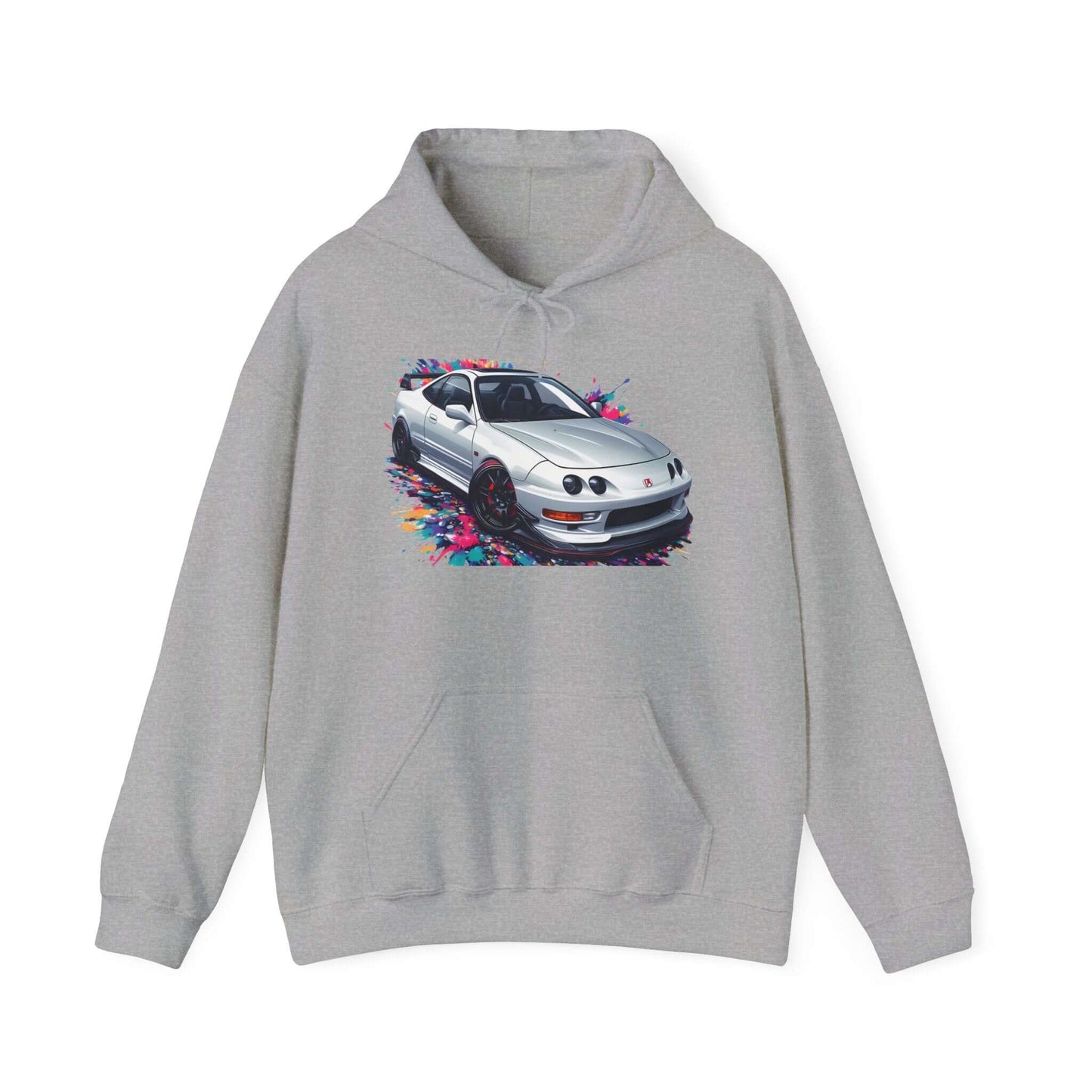 White hooded sweatshirt with DC2 USDM Front Clip design, featuring a sporty car graphic, perfect for car enthusiasts.