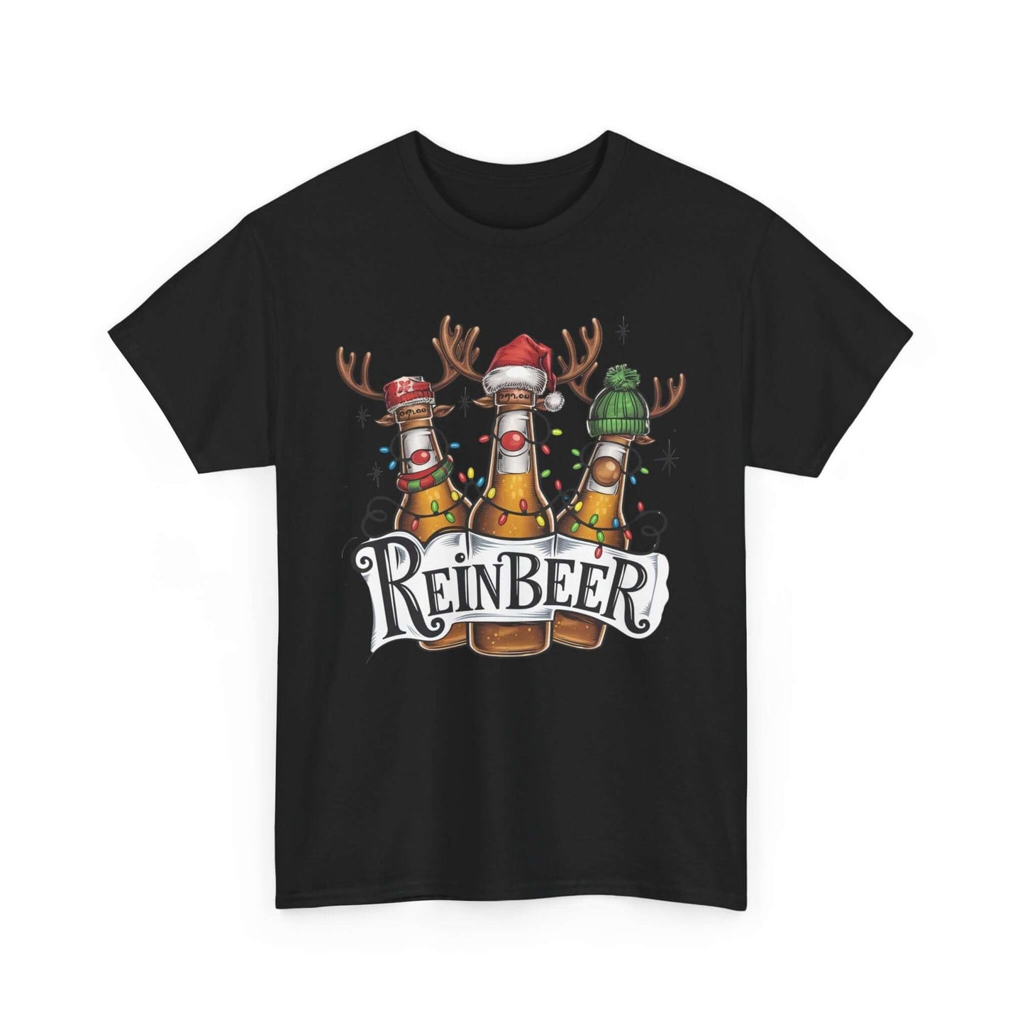 Fun 'Reinbeer' t-shirt featuring reindeer beer bottles with festive hats and antlers, perfect for holiday celebrations.