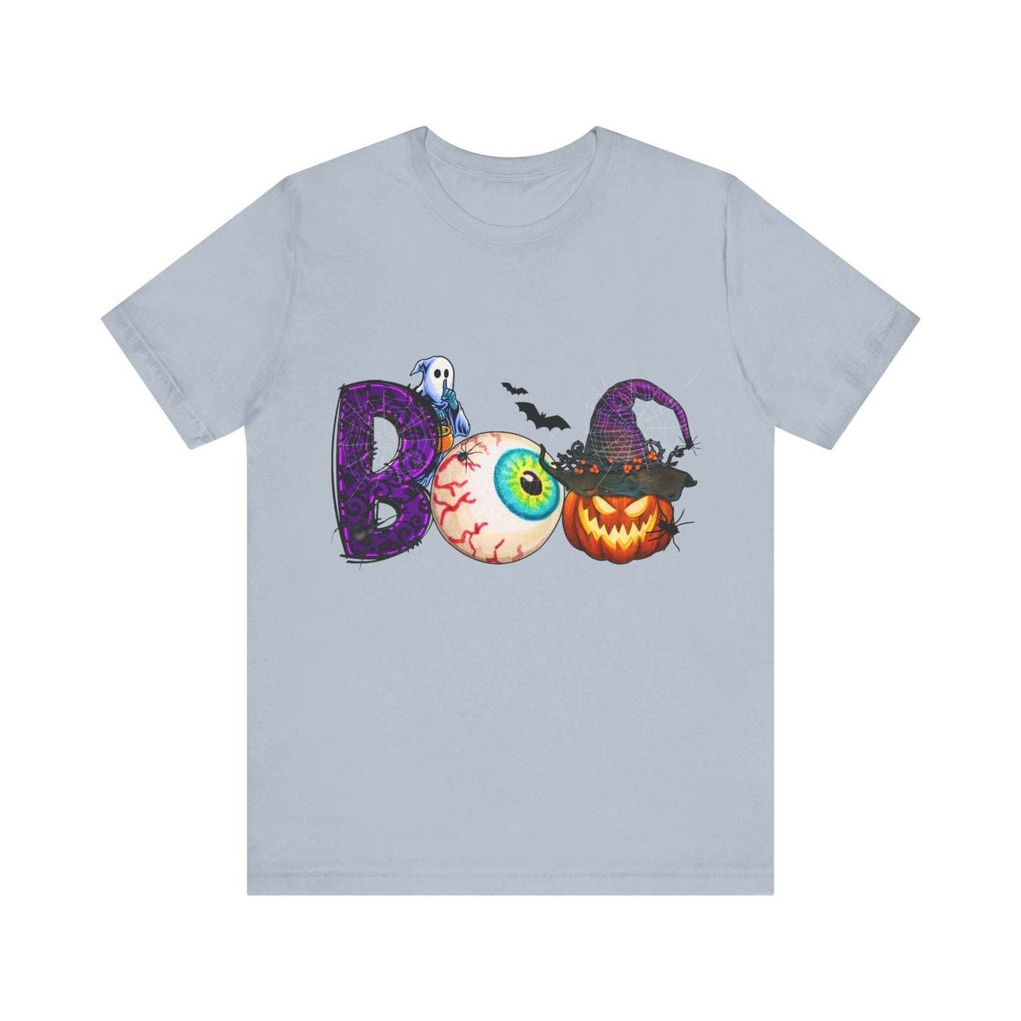 Halloween 'Boo' Women's T-shirt, Spooky Eyeball and Pumpkin Design, Cartoon Scary Tee for Unique Halloween Outfits and Fun Trick-or-Treating