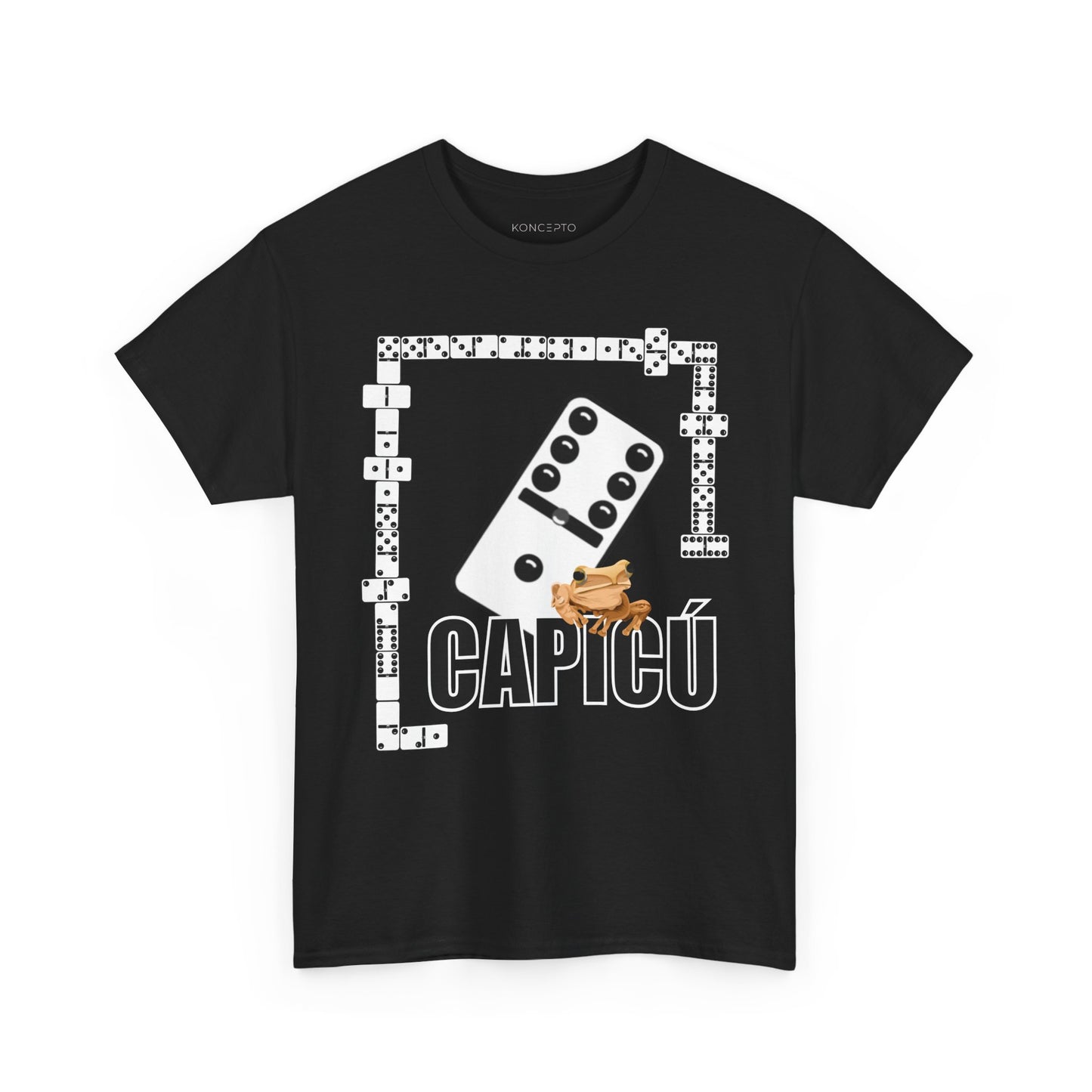 CAPICÚ Black T-Shirt - Unique Domino Design with Whimsical Coqui Accent"