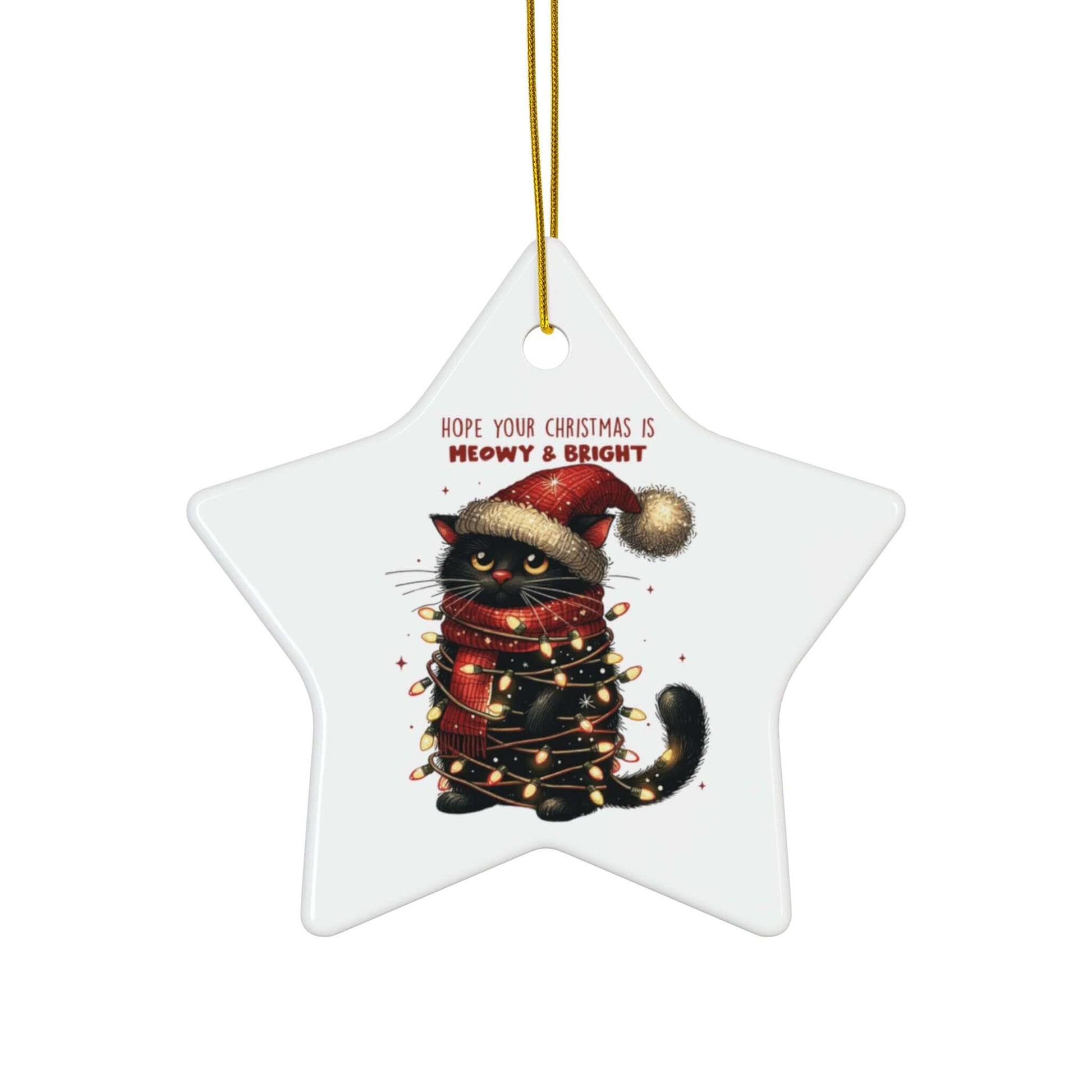 Meowy Xmas ceramic star ornament featuring a black cat in a Santa hat with Christmas lights. Perfect gift for cat lovers.