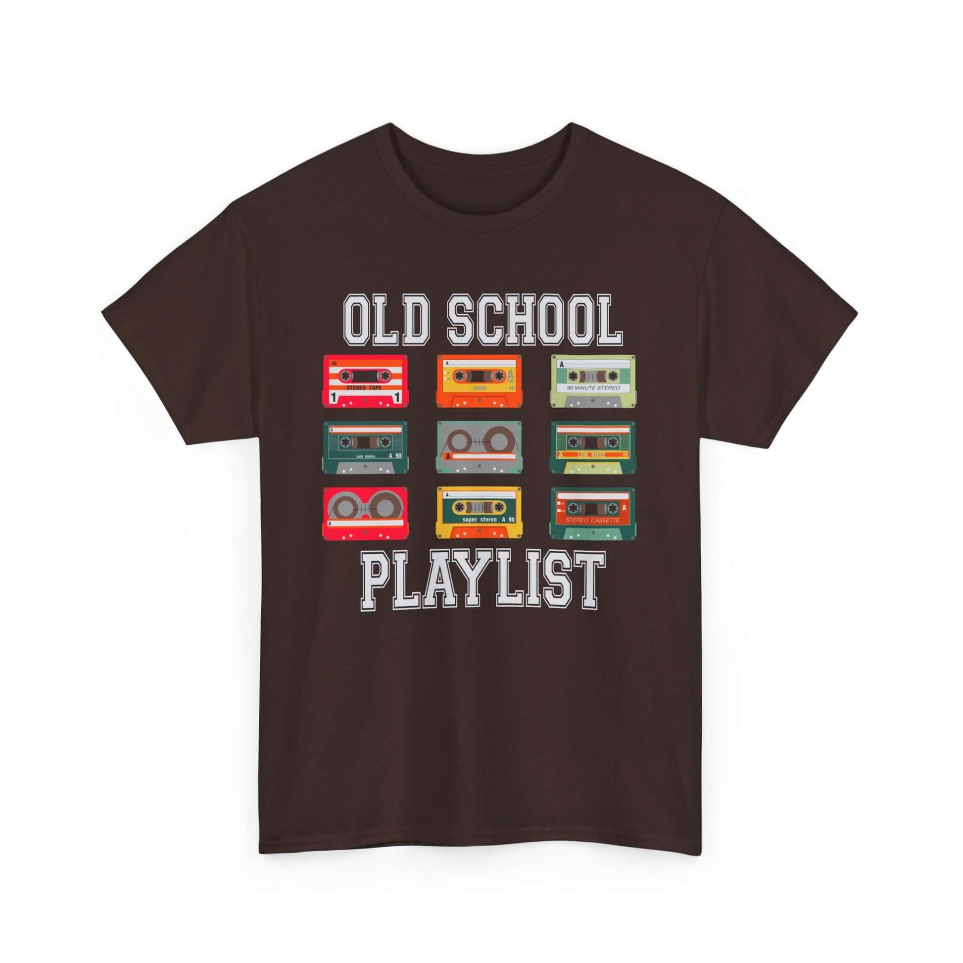 Vintage Cassette Tee with "Old School Playlist" design for music lovers, featuring colorful cassette tapes on a black background