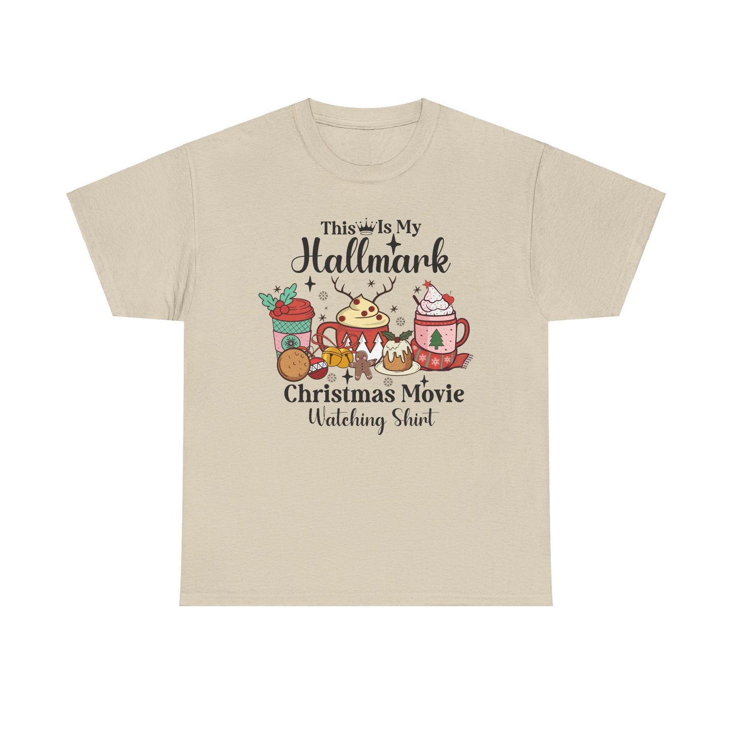 Cozy holiday T-shirt featuring festive mugs and cookies, perfect for Christmas movie watching. Ideal for seasonal cheer.