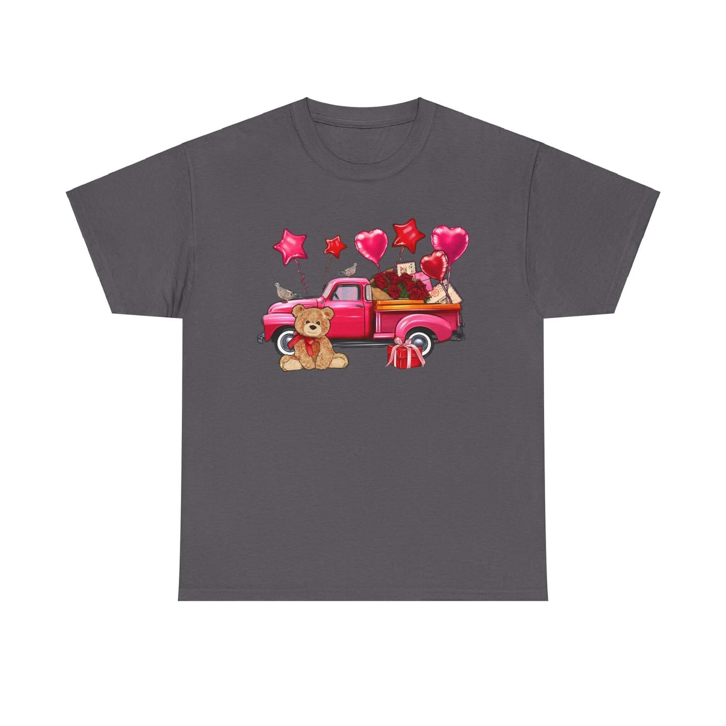 Valentine's Day unisex t-shirt with vintage truck, roses, and teddy bear design. Perfect romantic gift with nostalgic charm.