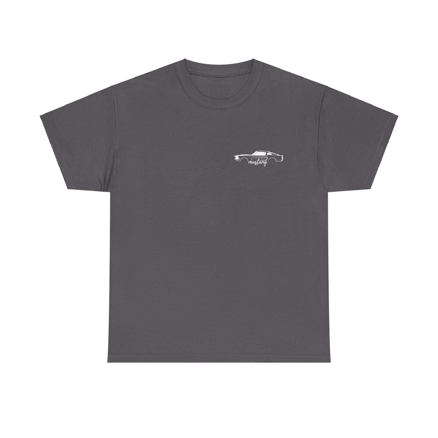 Ford Mustang Evolution Tee with 1967 Mustang front upper chest print on a charcoal grey shirt