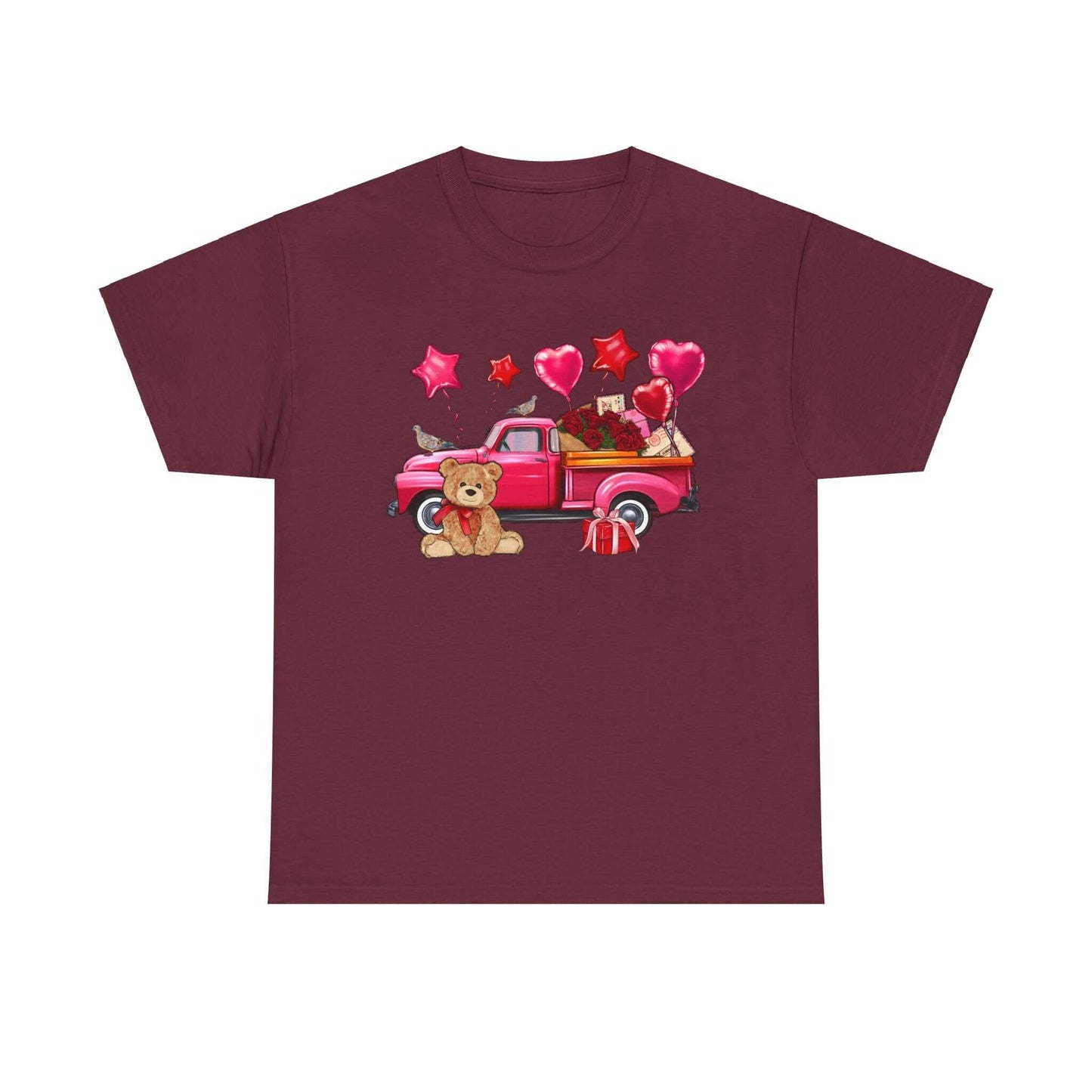 Valentine's Day unisex heavy cotton t-shirt with vintage truck, roses, and teddy bear design, perfect love gift for adults.