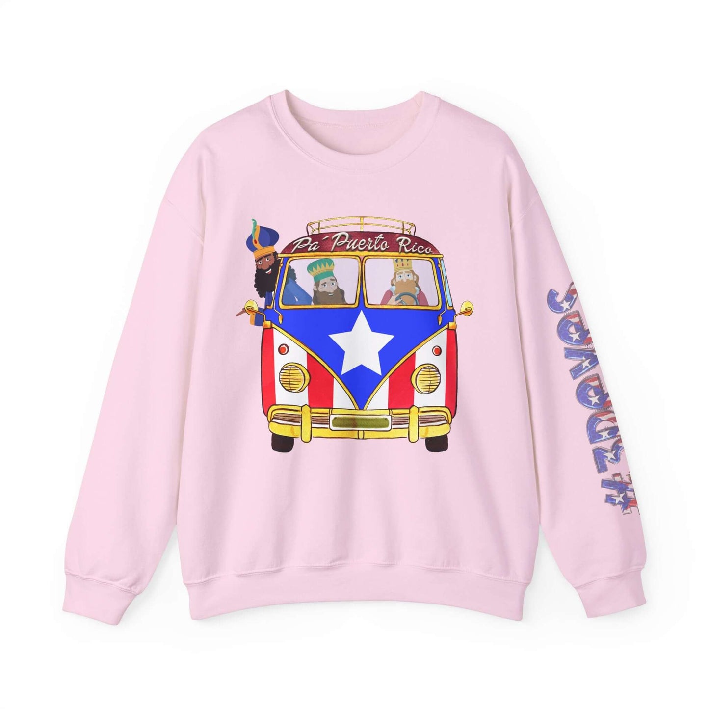 Pink Christmas sweater with Three Kings in a VW bus, Puerto Rico flag, "Pa Puerto Rico" text, festive print on left sleeve.